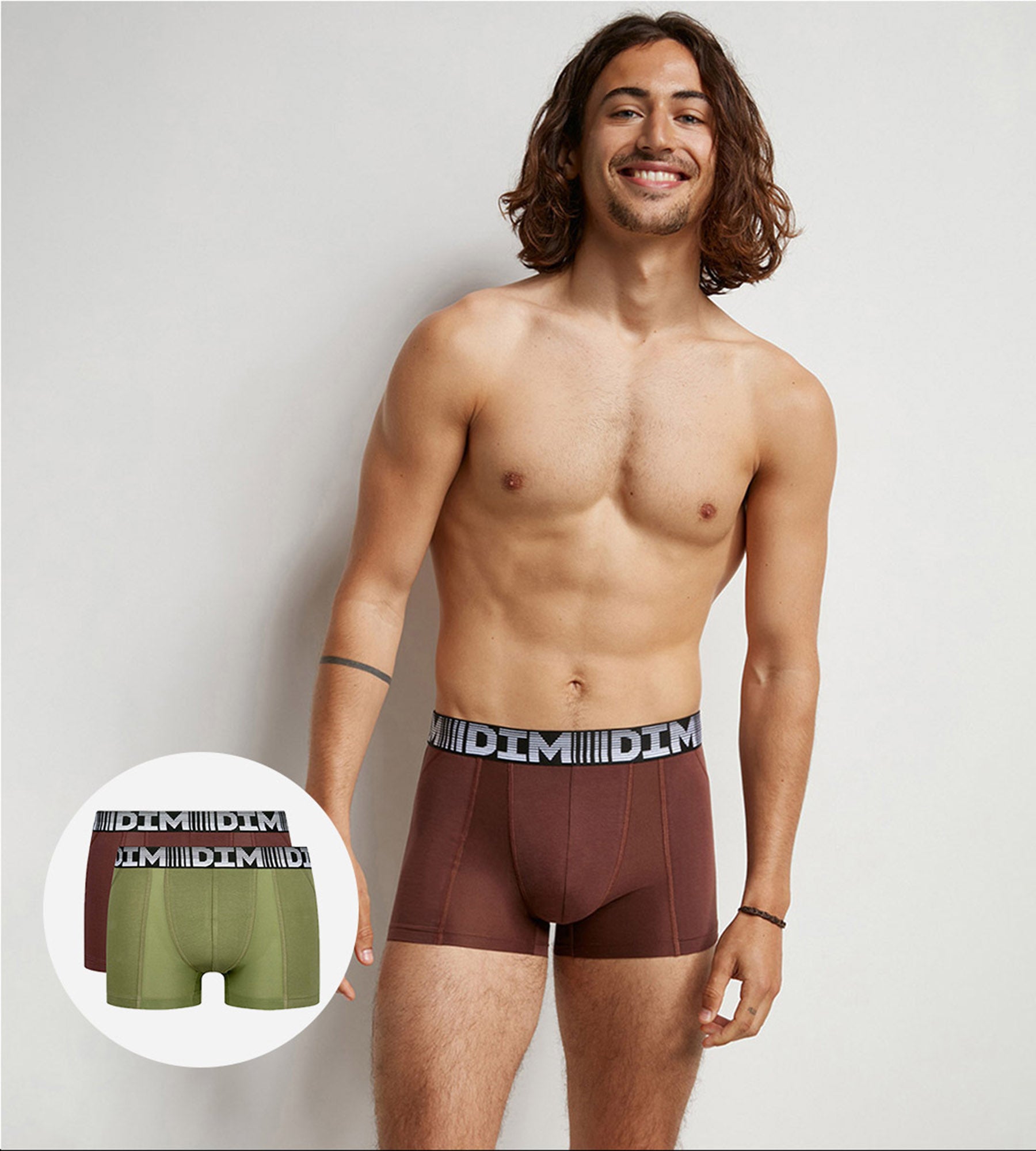 DIM Pacco da 2 boxer traspiranti 3D Flex Air Khaki in cotone e lycra per Uomo