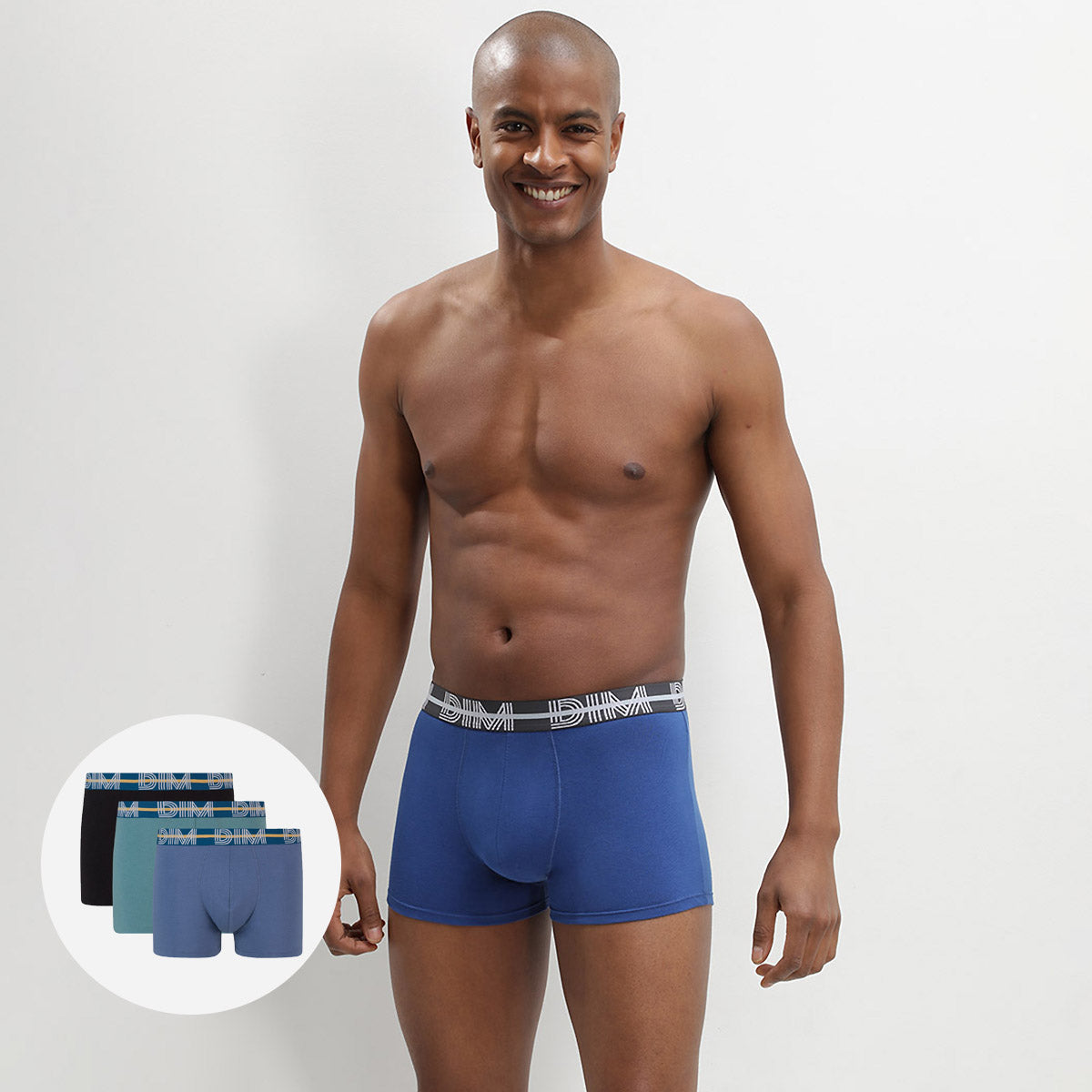 DIM Pacco da 3 boxer in cotone elasticizzato blu-nero con cintura colorata Dim Powerful