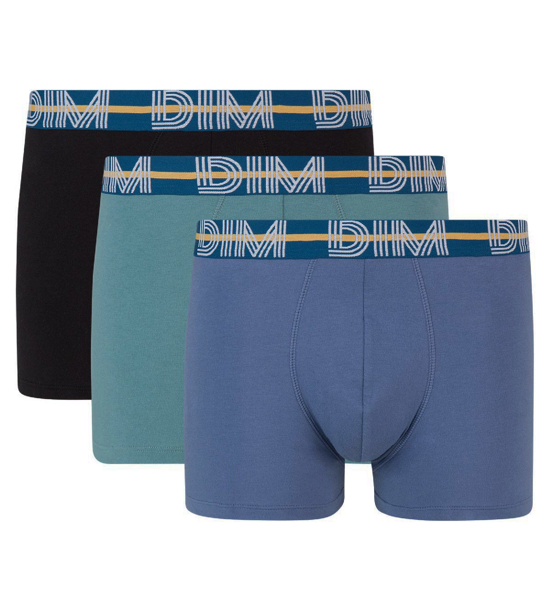 DIM Pacco da 3 boxer in cotone elasticizzato blu-nero con cintura colorata Dim Powerful