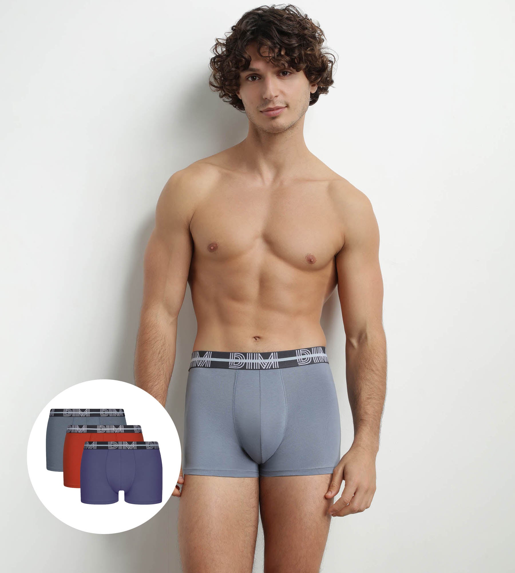 DIM Uomo Pacco da 3 boxer con cintura 3D in cotone blu rosso grigio Dim.