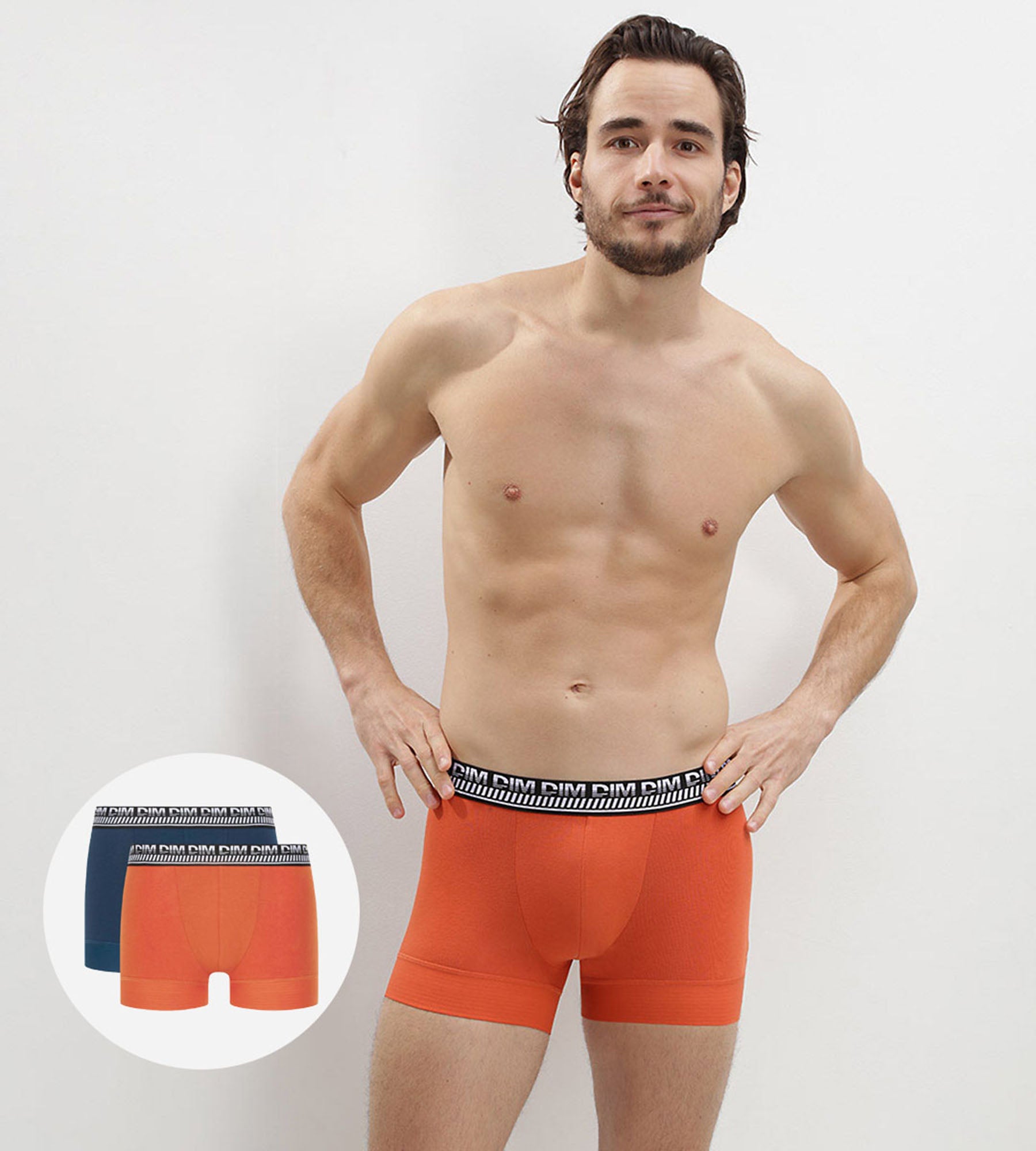 DIM Pacco da 2 boxer Stay and Fit da uomo in cotone elasticizzato blu arancio