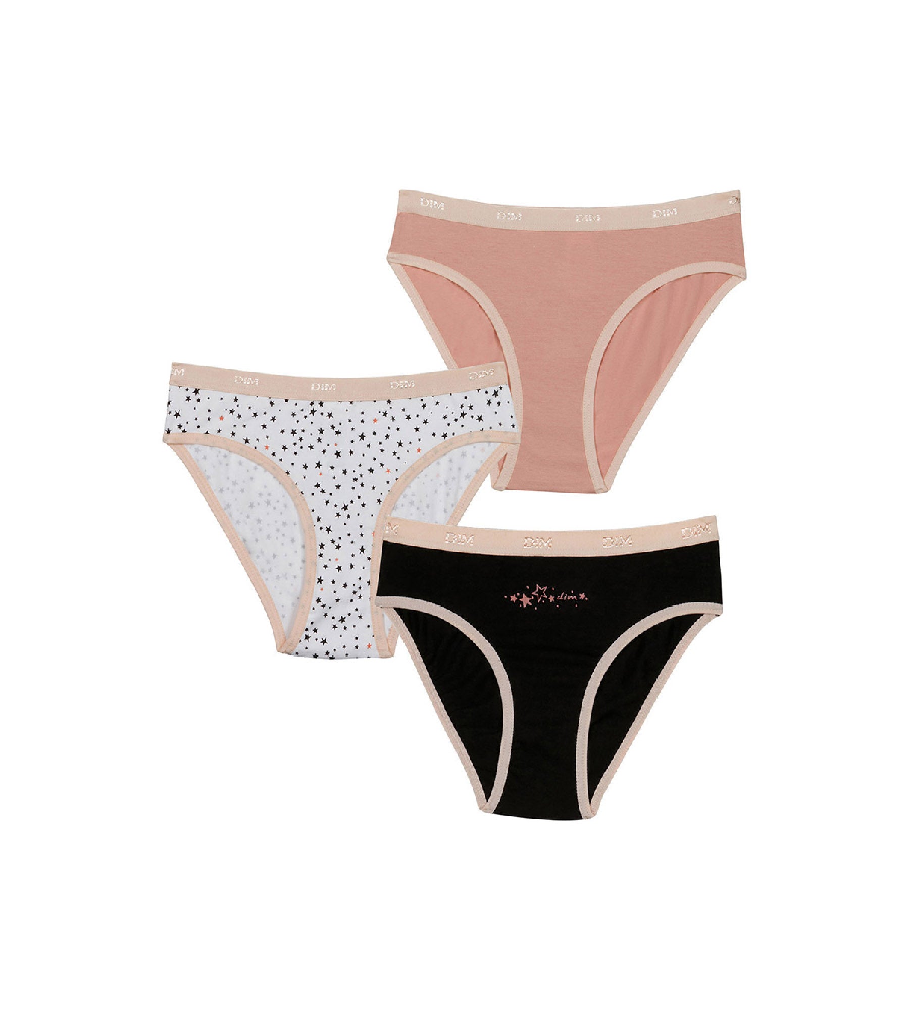 DIM Pacco da 3 slip bambina in cotone elasticizzato a stelle Nero Rosa Les Pockets