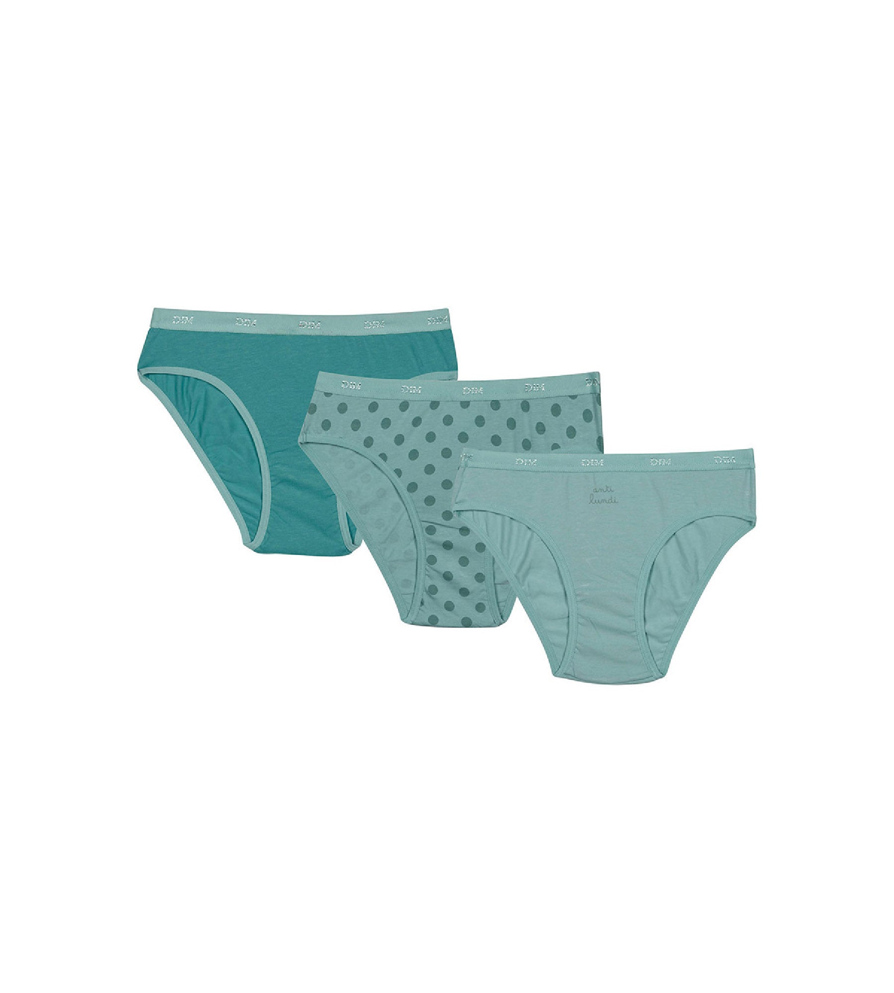 DIM Les Pockets Pacco da 3 slip da bambina in cotone elasticizzato verde acqua a pois