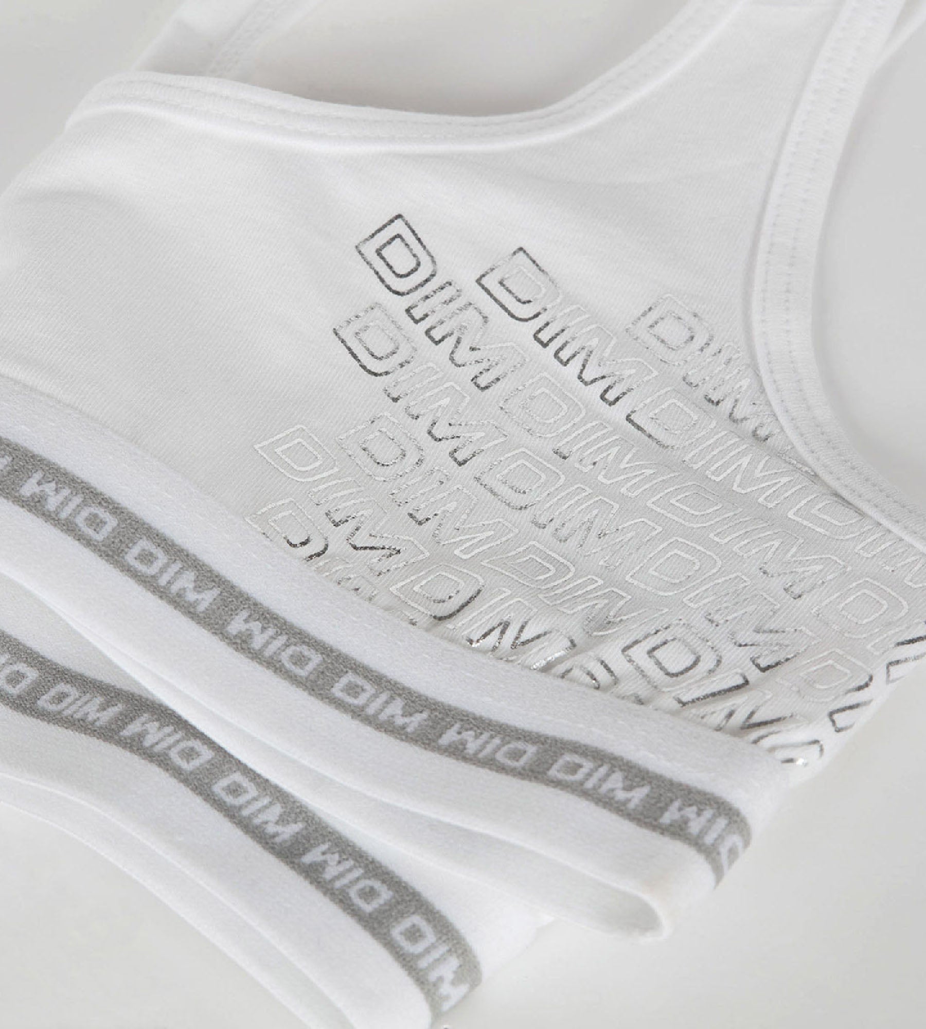 DIM Reggiseno sportivo da bambina in cotone elasticizzato bianco con stampa argento Dim Sport