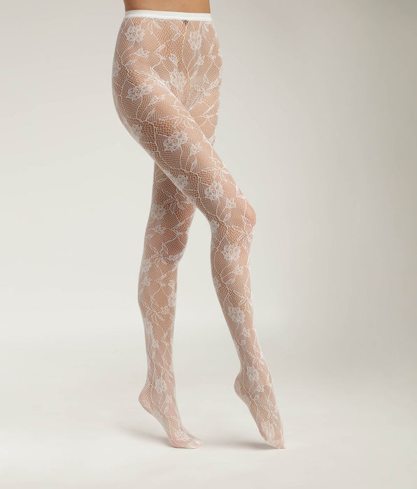 DIM Collant donna a rete bianca barocca e pizzo floreale Dim Style