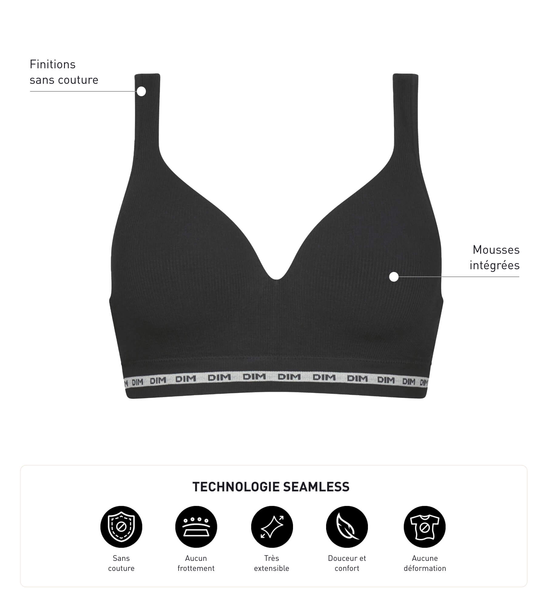 DIM Reggiseno a coste nero senza cuciture Dim Icons