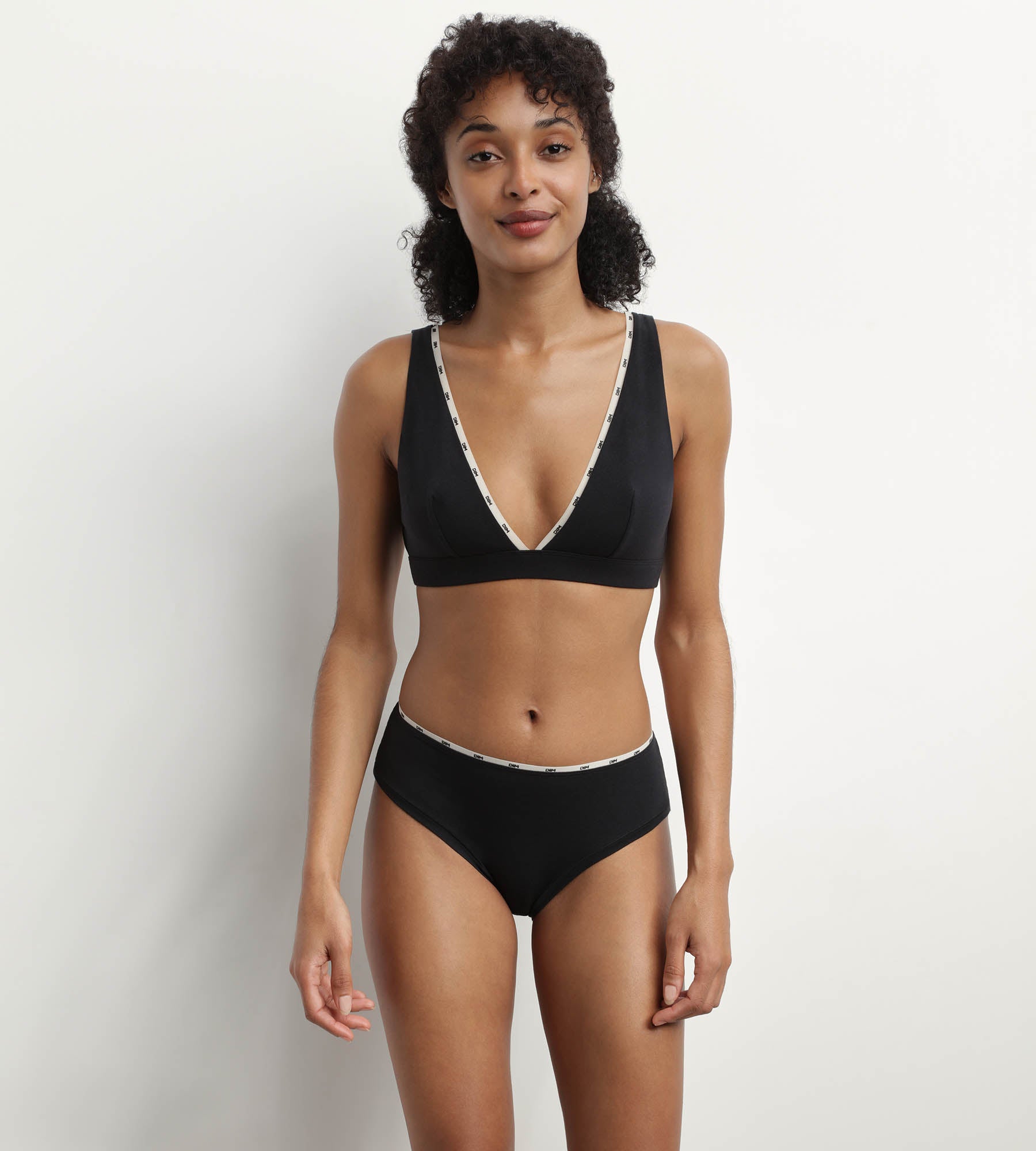 DIM Slip donna in cotone modal nero con profili beige DIM Icons Essentiel