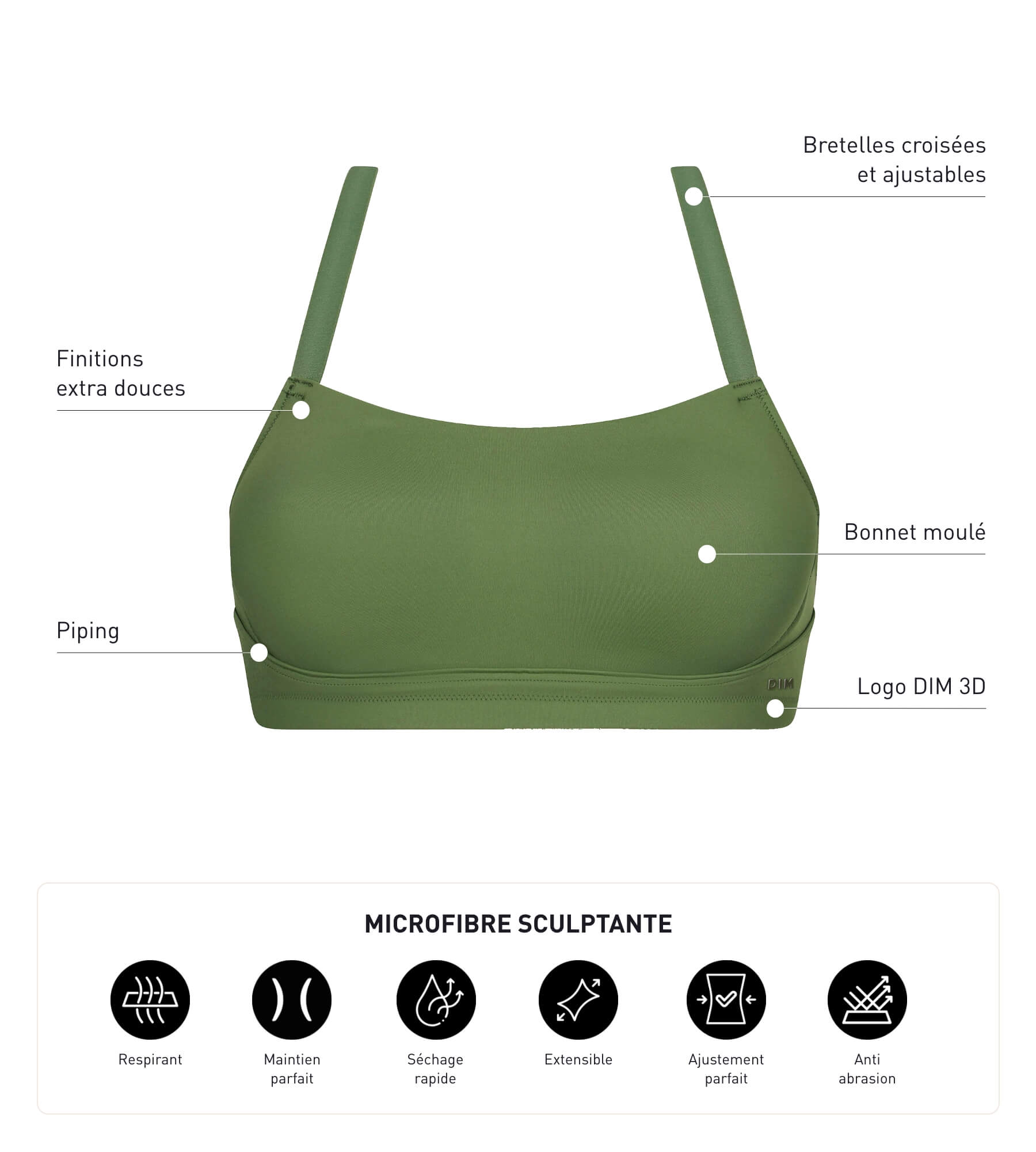 DIM Reggiseno sportivo in microfibra modellante Khaki DIM Move
