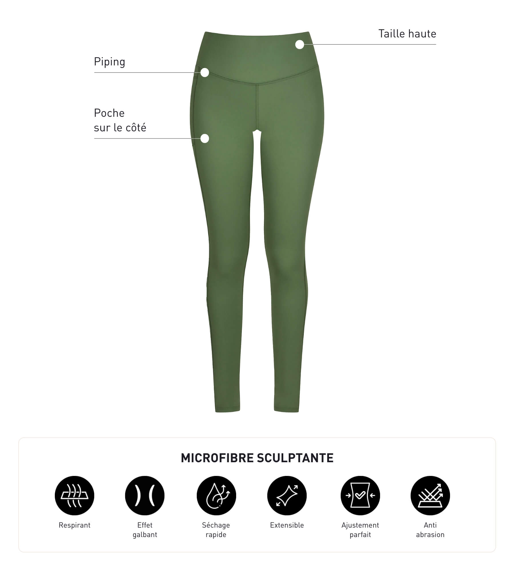 DIM Leggings sportivi da donna in microfibra scolpita Khaki DIM Move