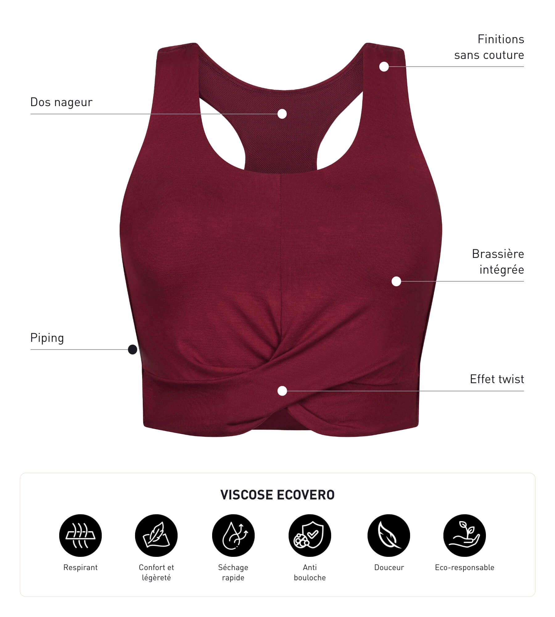 DIM Canotta sportiva donna in bordeaux con brassieres integrato DIM Move