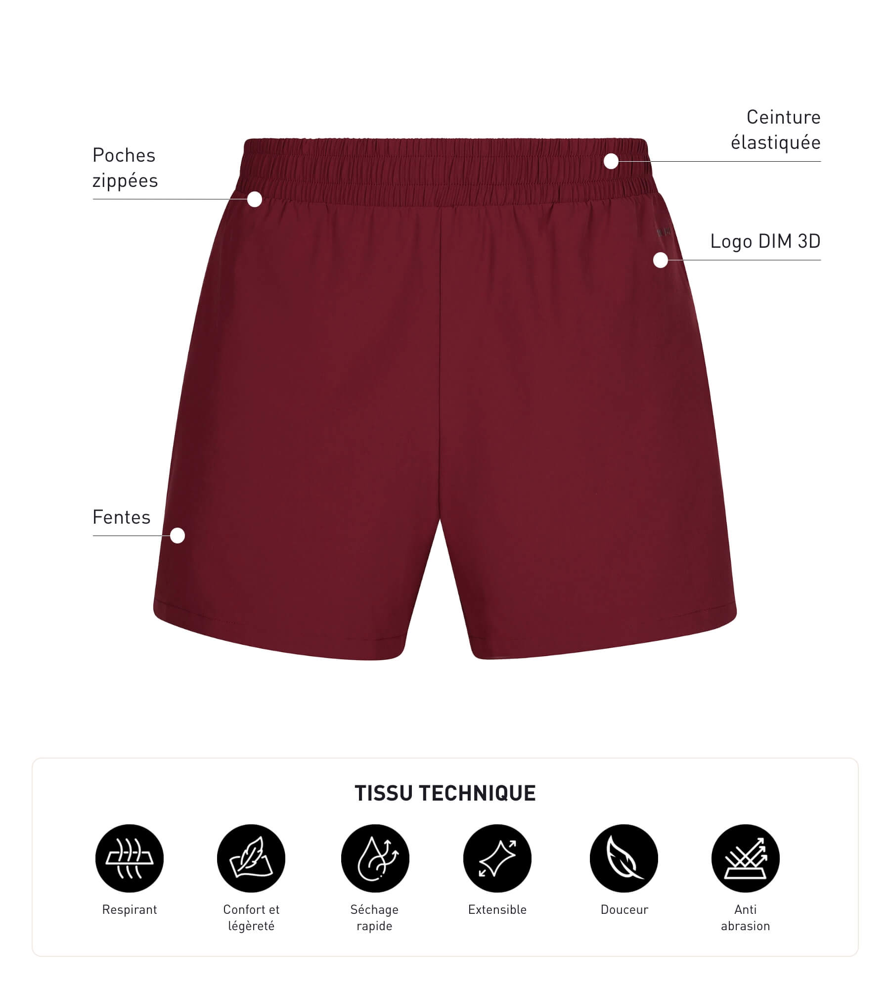 DIM Short sportivi aerati da uomo Bordeaux DIM Move