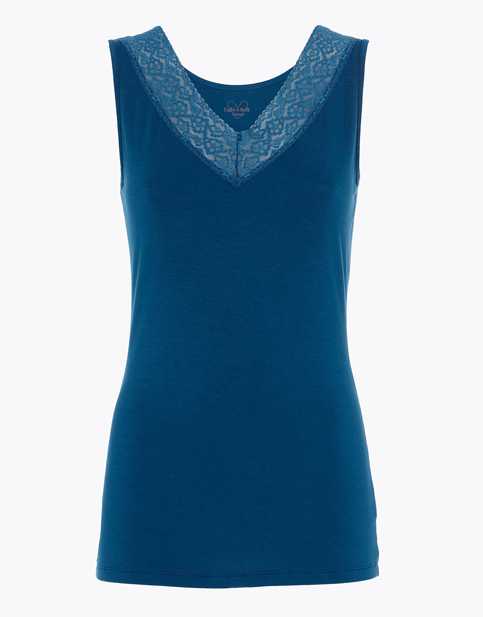DIM Canotta donna in viscosa con spalline larghe e pizzo Warm & Soft Blu