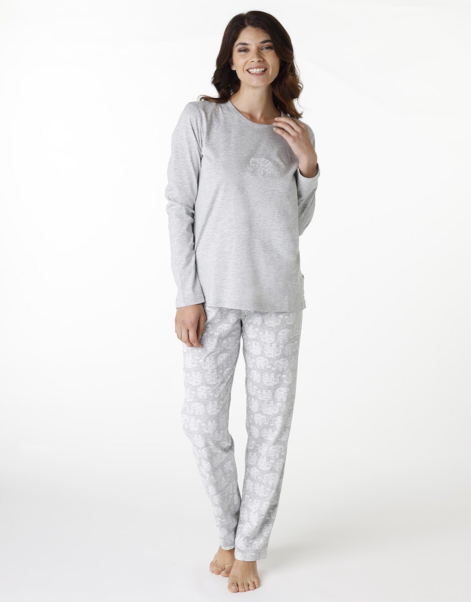 DIM Pigiama lungo donna in jersey screziato grigio con collo tondo