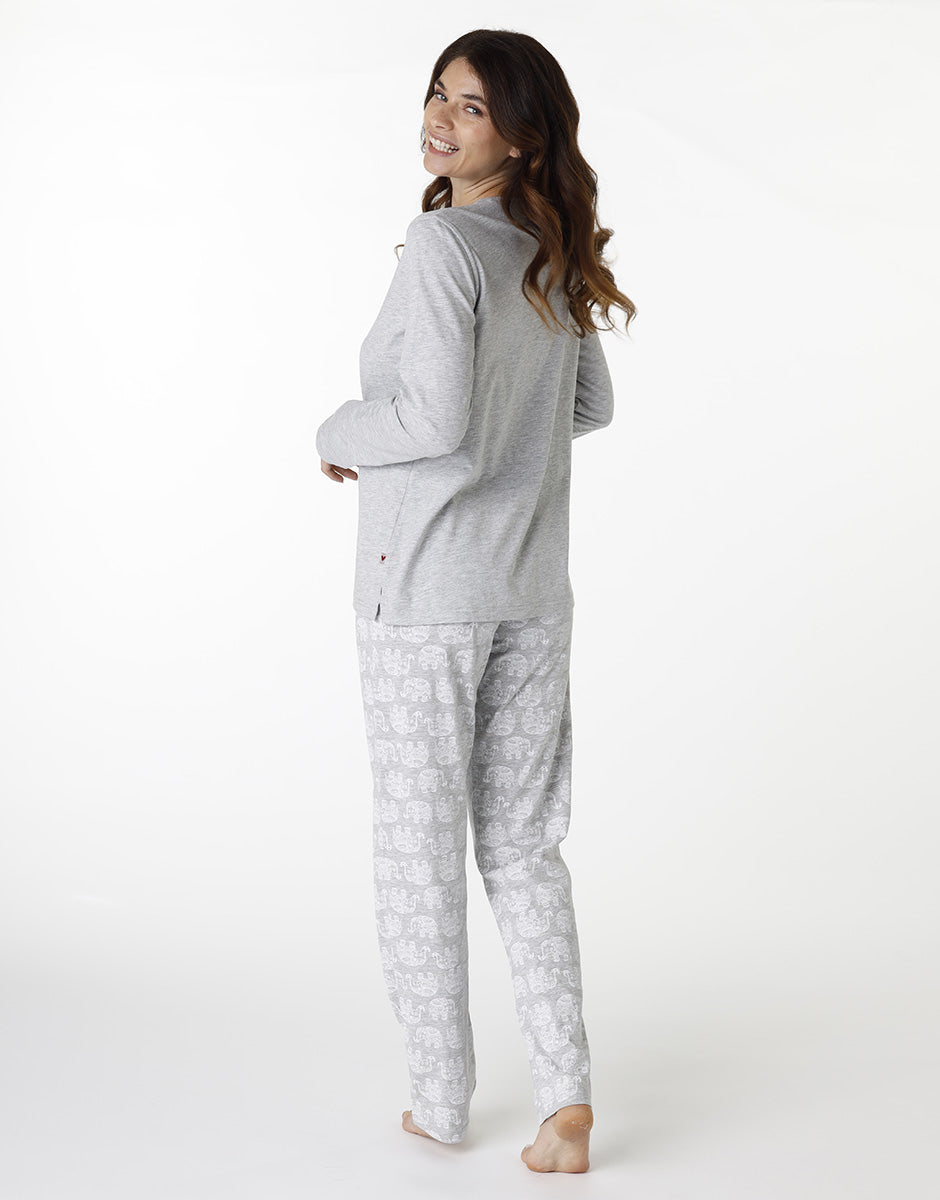 DIM Pigiama lungo donna in jersey screziato grigio con collo tondo