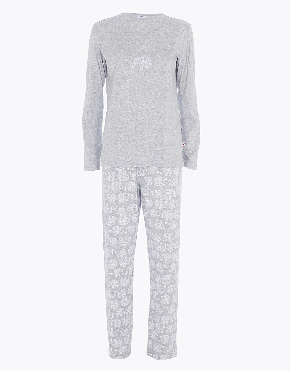 DIM Pigiama lungo donna in jersey screziato grigio con collo tondo