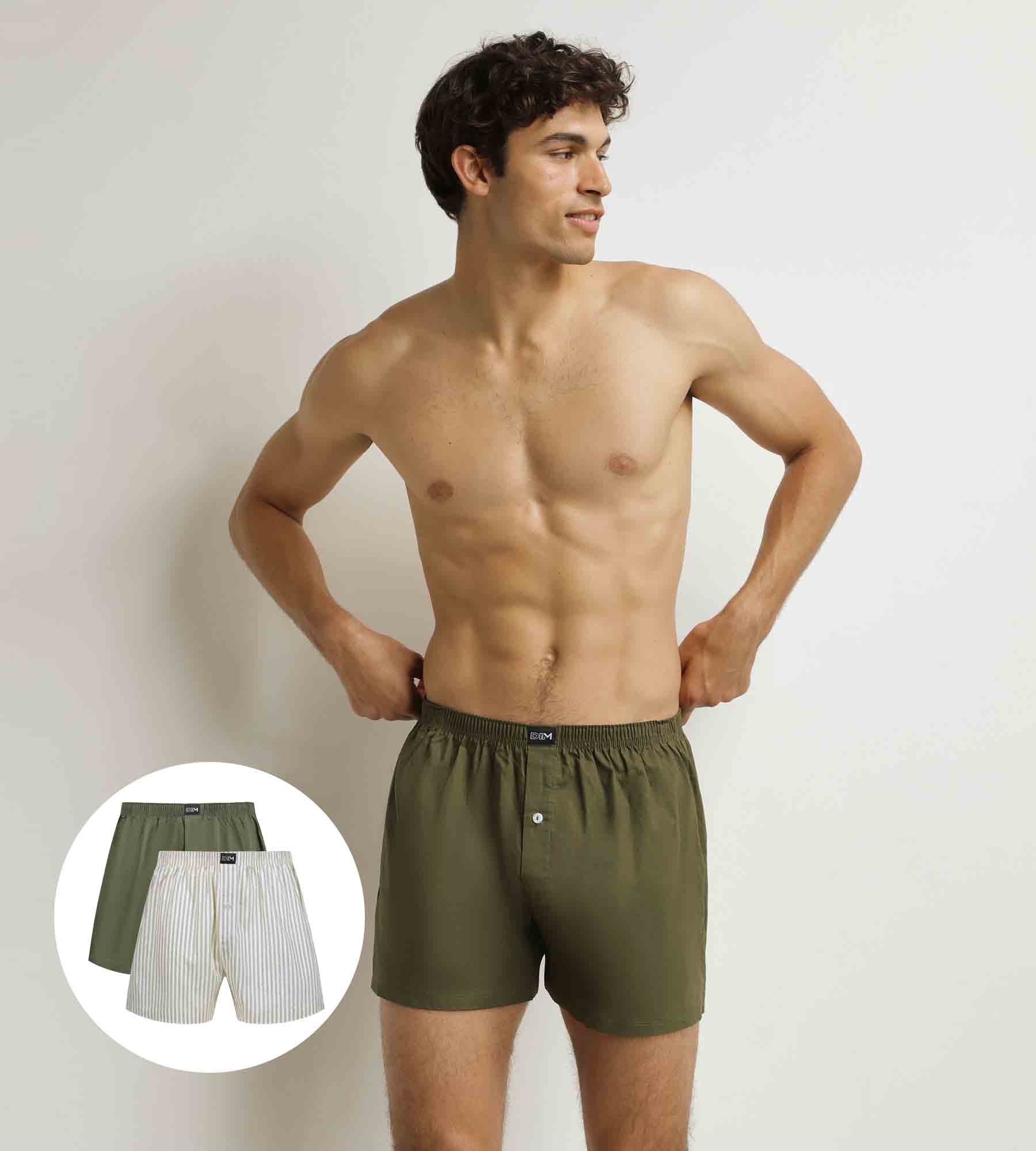 DIM Pacco da 2 boxer da uomo in cotone elasticizzato verde a righe beige.