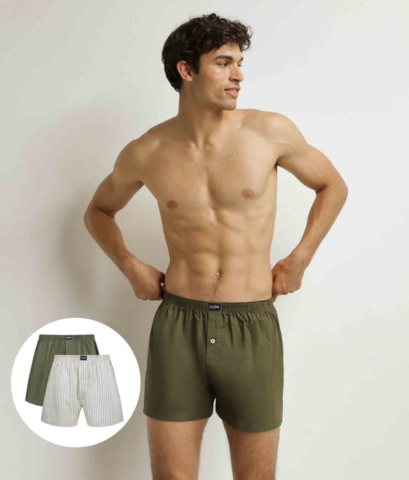 DIM Pacco da 2 boxer da uomo in cotone elasticizzato verde a righe beige.