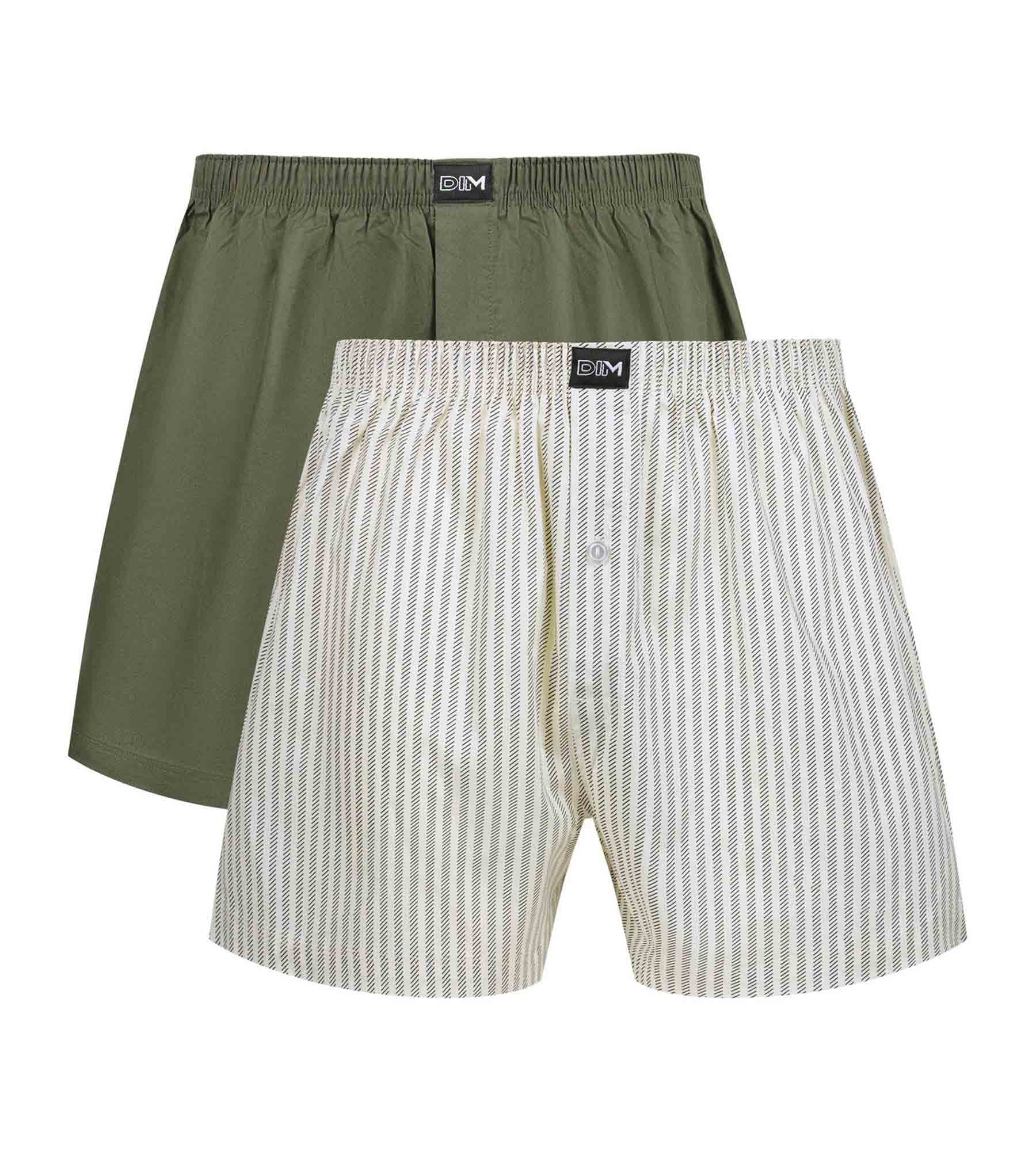DIM Pacco da 2 boxer da uomo in cotone elasticizzato verde a righe beige.