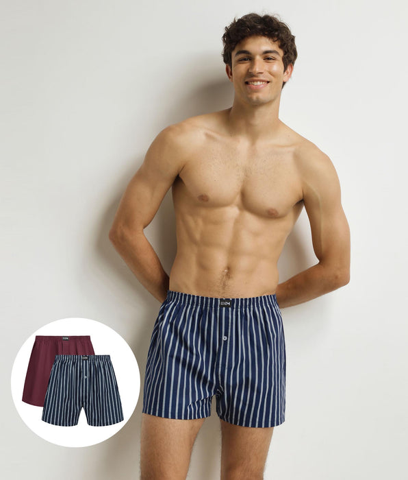 DIM Pacco da 2 boxer larghi da uomo in cotone elasticizzato a righe blu e rosse.