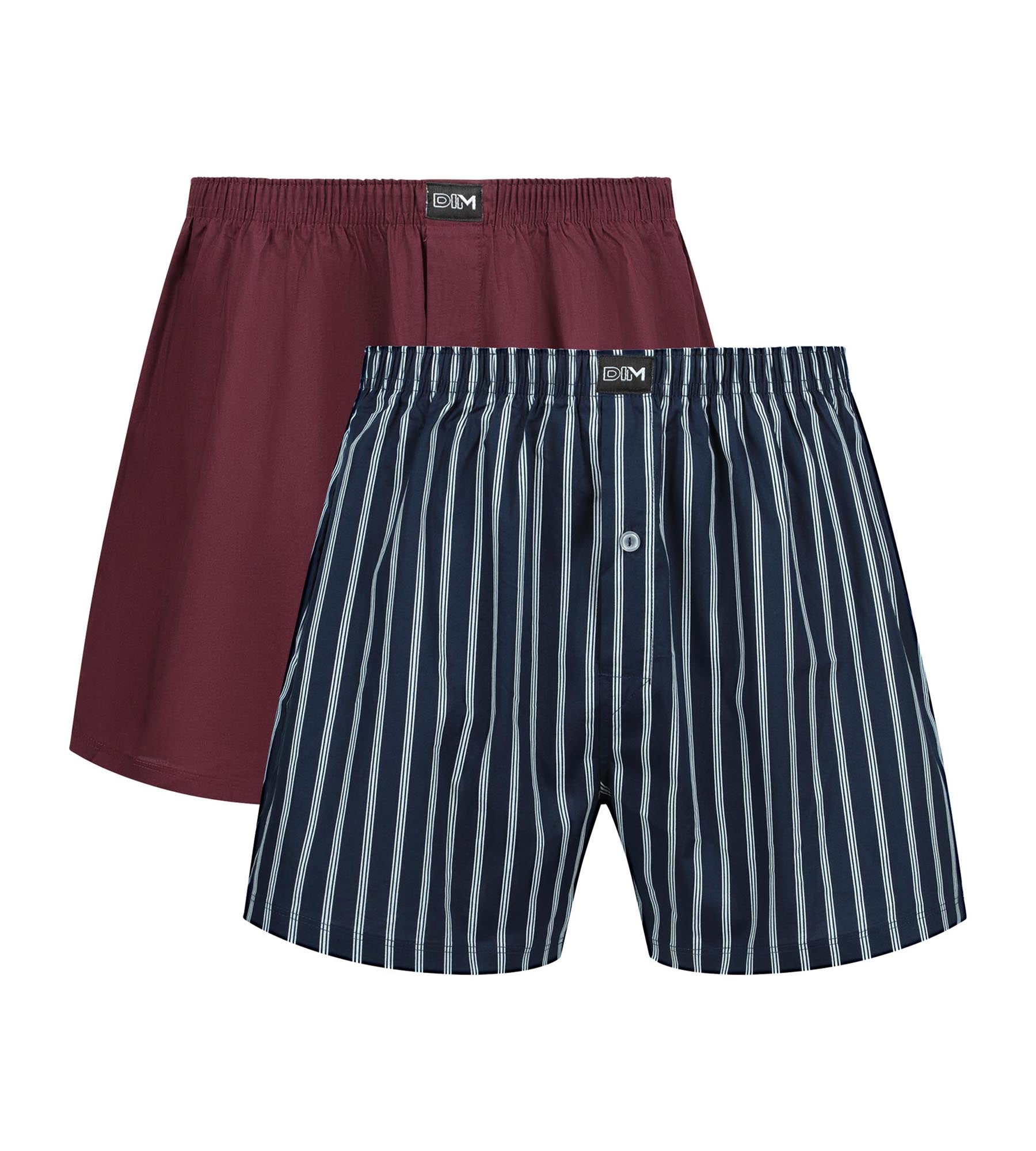 DIM Pacco da 2 boxer larghi da uomo in cotone elasticizzato a righe blu e rosse.