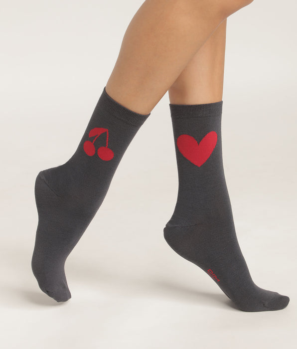 DIM Pacco da 2 calze da donna grigio scuro con cuore e ciliegia Dim Bamboo