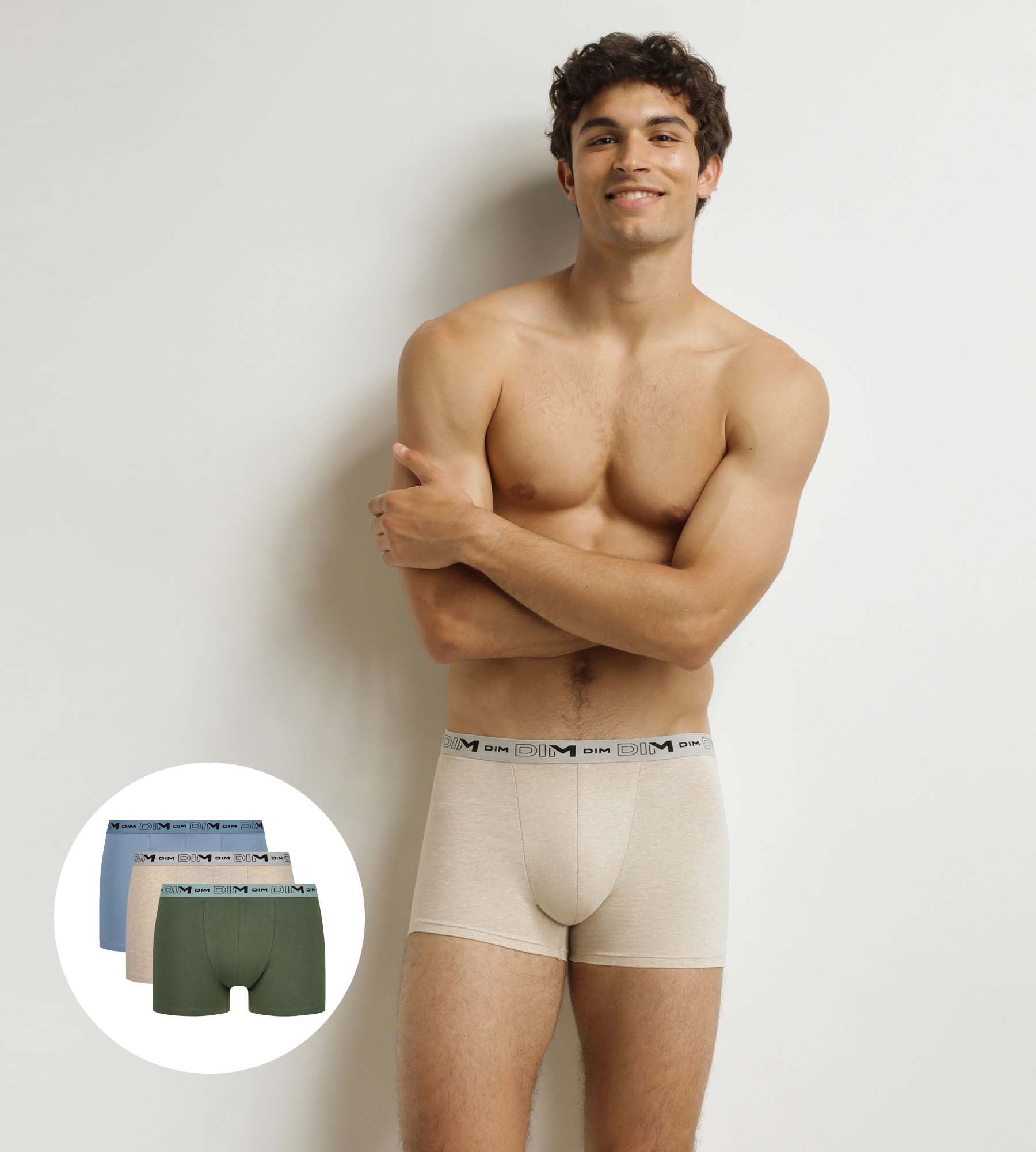 DIM Pacco da 3 boxer da uomo Beige Blu Khaki in cotone organico elasticizzato.