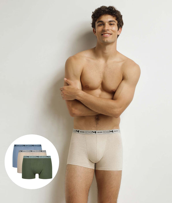 DIM Pacco da 3 boxer da uomo Beige Blu Khaki in cotone organico elasticizzato.