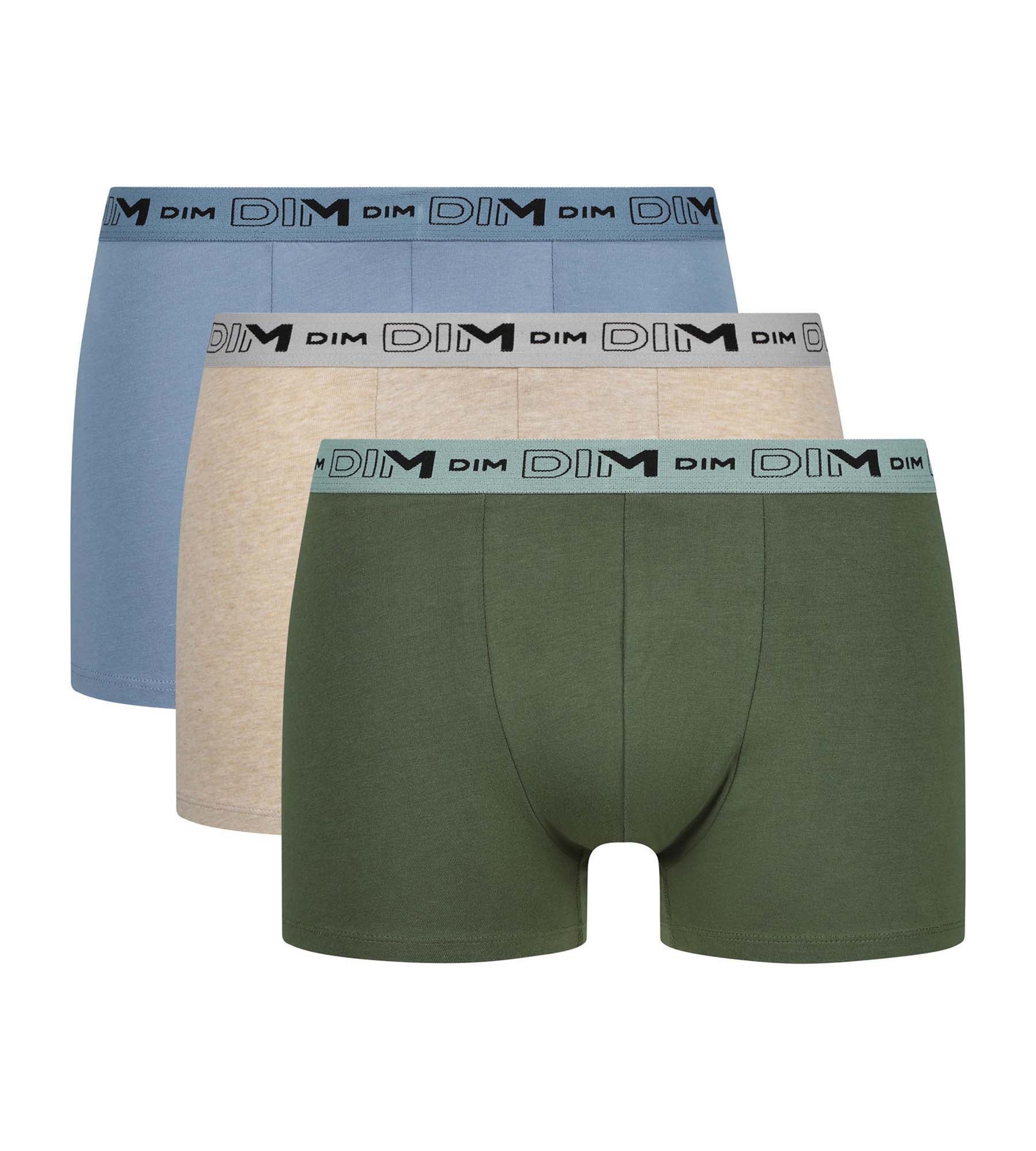 DIM Pacco da 3 boxer da uomo Beige Blu Khaki in cotone organico elasticizzato.