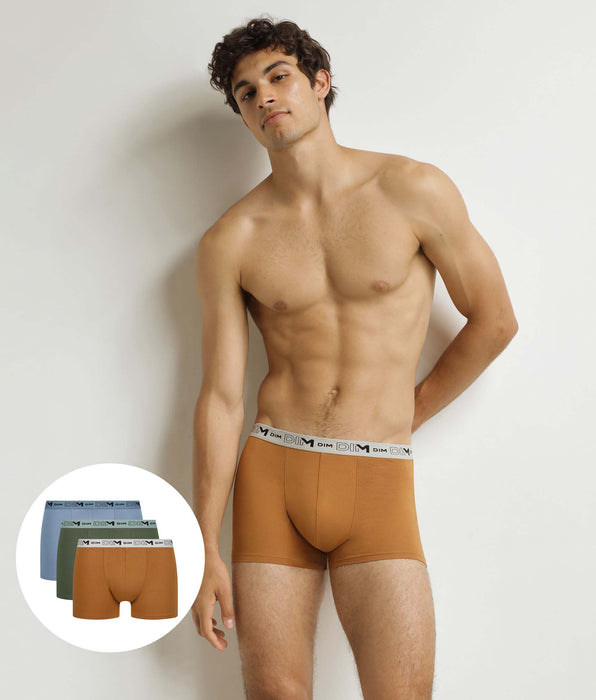 DIM Pacco da 3 boxer da uomo in cotone biologico elasticizzato color cachi ocra blu.