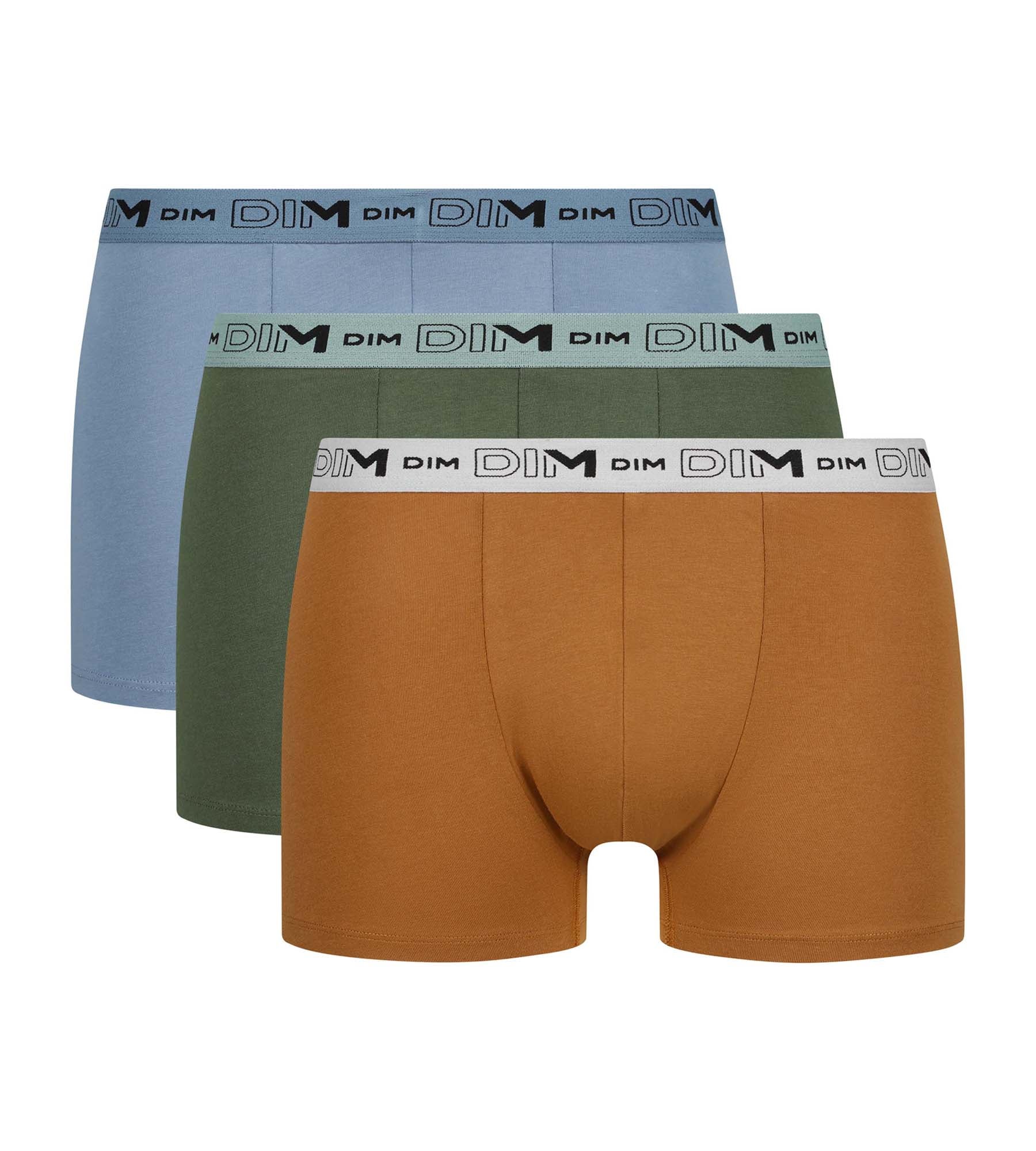 DIM Pacco da 3 boxer da uomo in cotone biologico elasticizzato color cachi ocra blu.