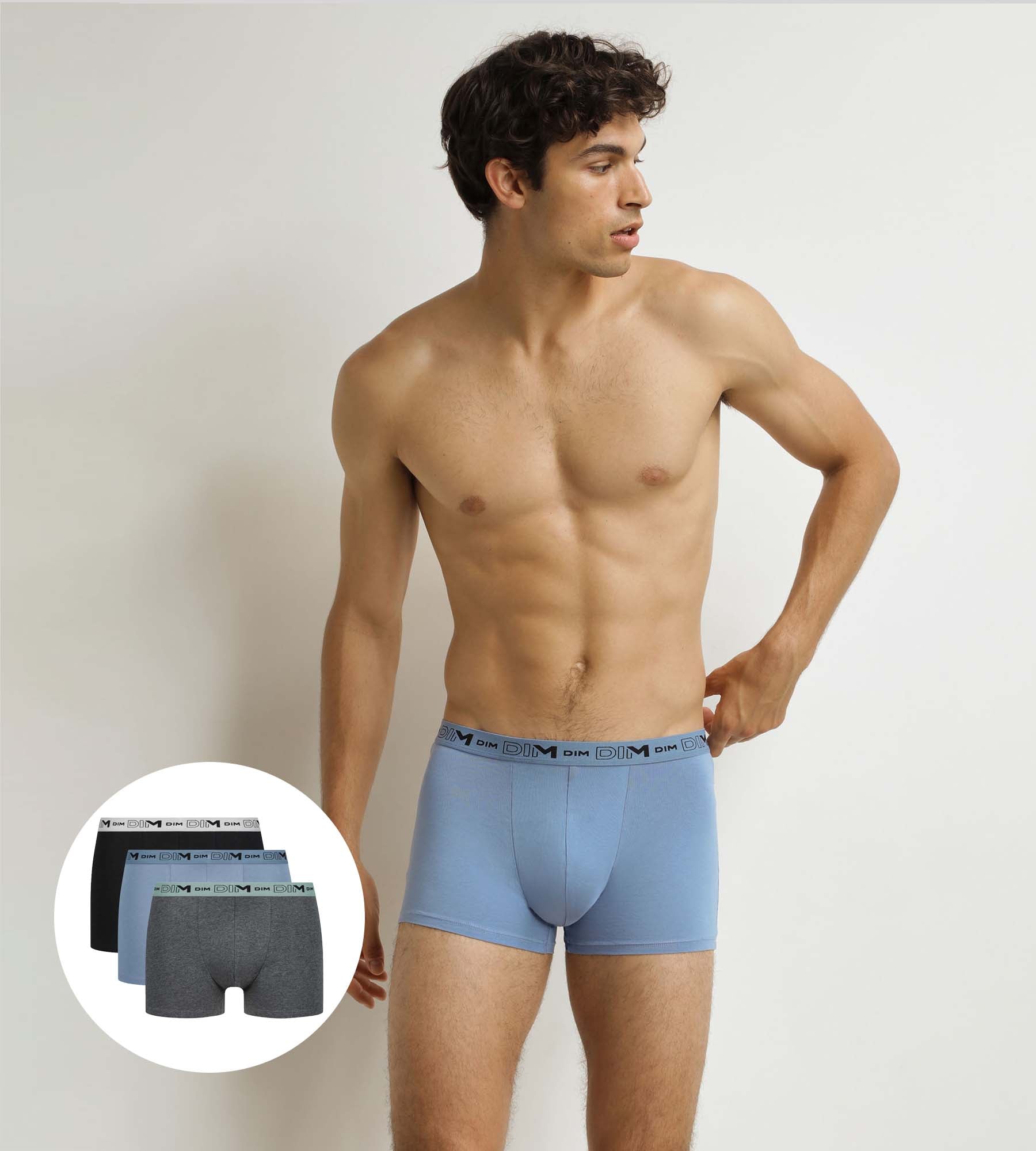 DIM Pacco da 3 boxer da uomo in cotone organico elasticizzato grigio blu nero.