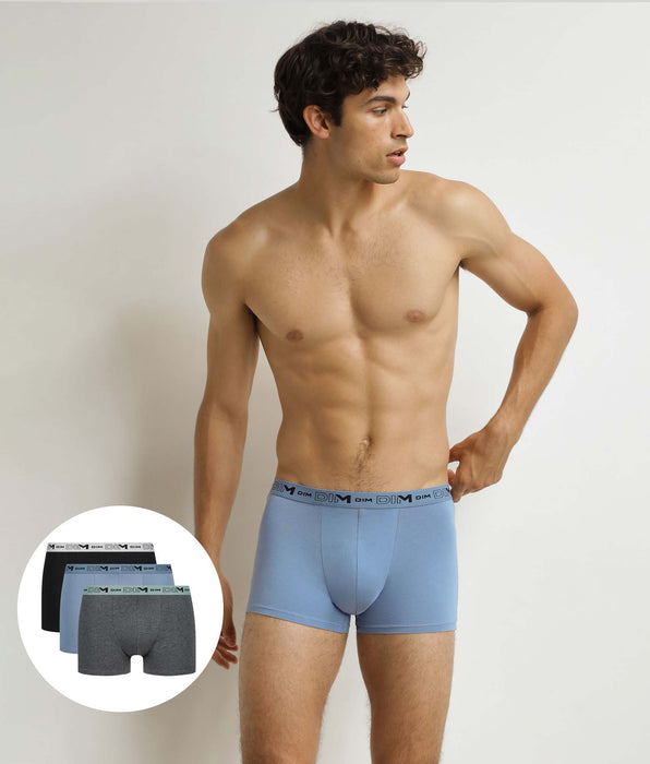 DIM Pacco da 3 boxer da uomo in cotone organico elasticizzato grigio blu nero.