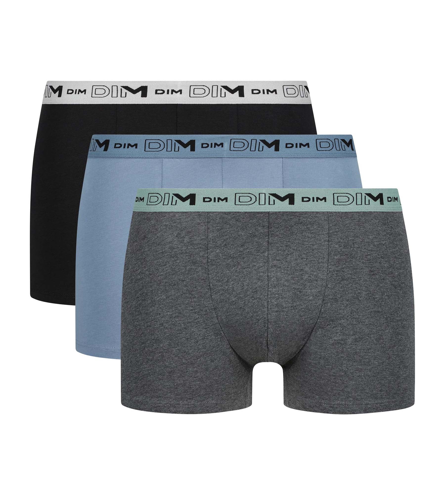 DIM Pacco da 3 boxer da uomo in cotone organico elasticizzato grigio blu nero.
