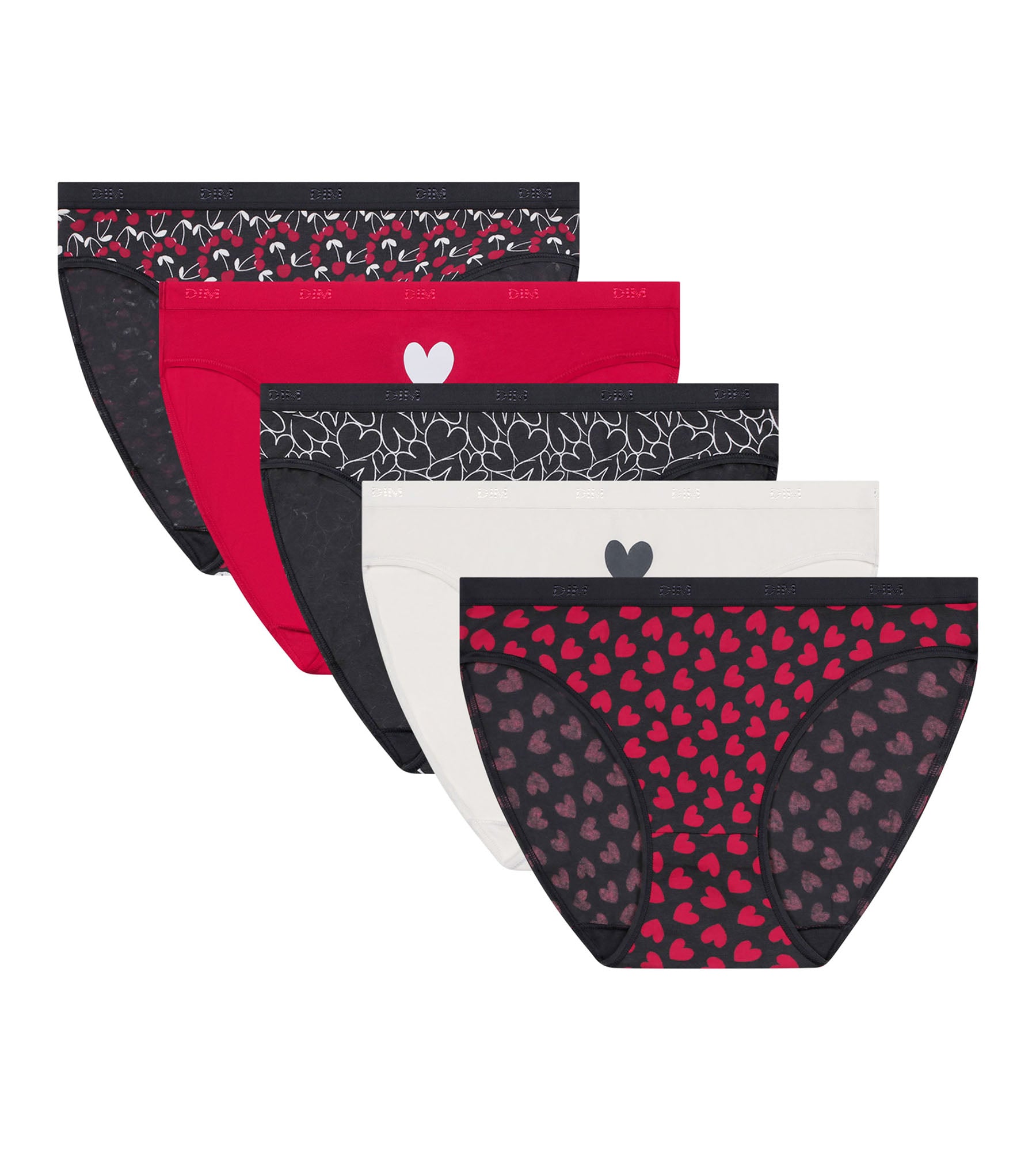 DIM Pacco da 5 slip da donna in cotone elasticizzato rosso con cuore di Les Pockets