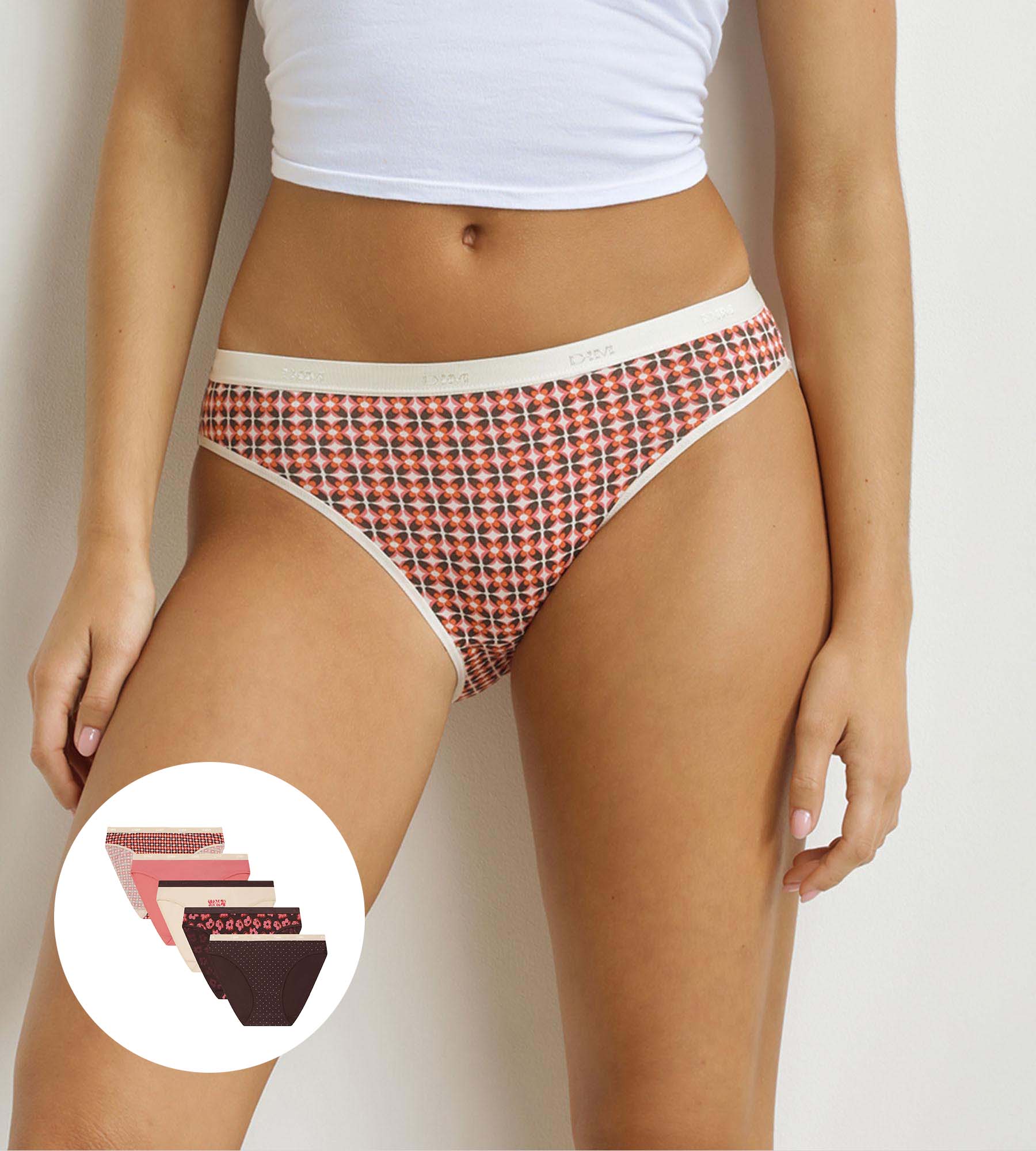 DIM Les Pockets Pacco da 5 slip in cotone rosso floreale