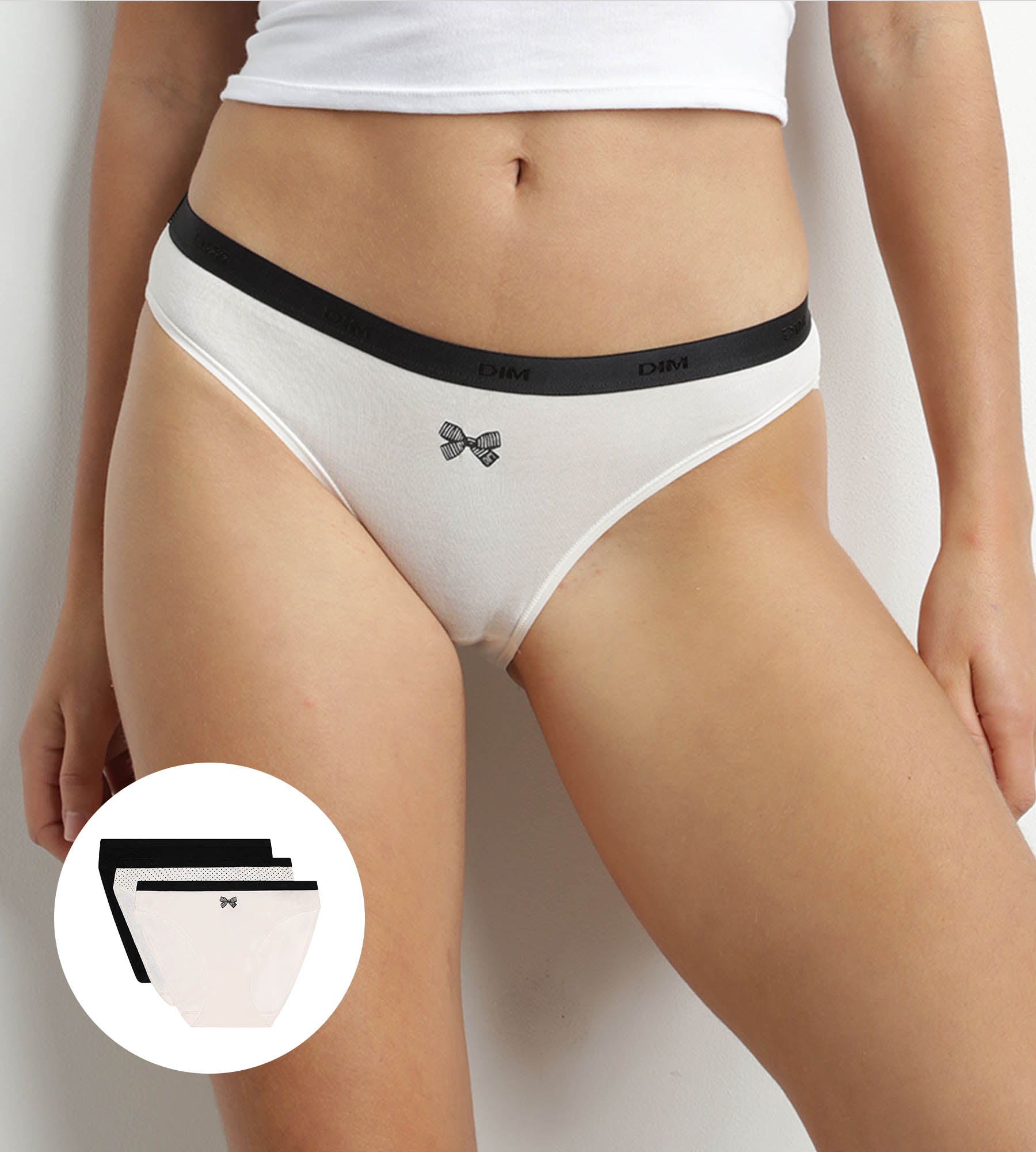 DIM Les Pockets Pacco da 3 slip in cotone con fiocco nero
