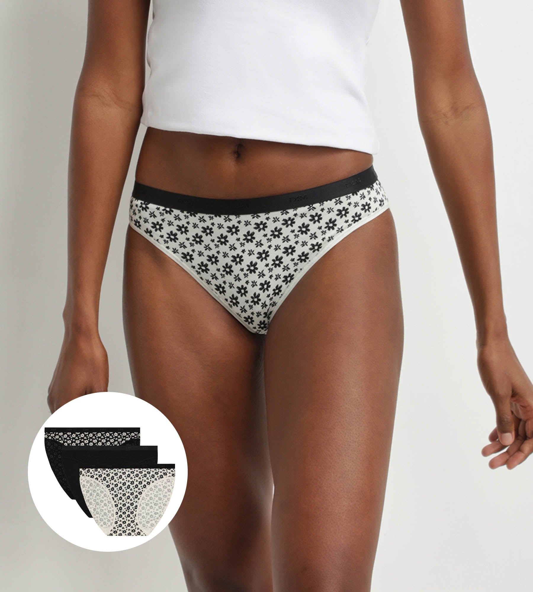 DIM Pacco da 3 slip in cotone elasticizzato a fiori Bianco Nero Les Pockets