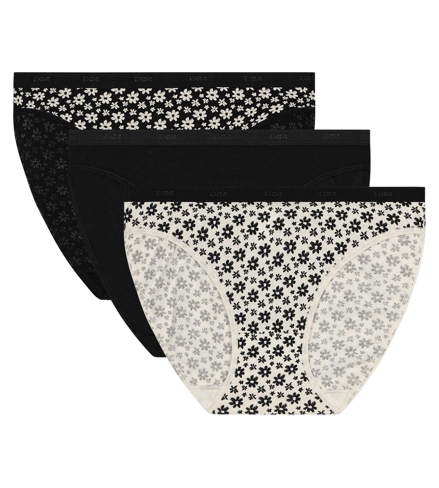 DIM Pacco da 3 slip in cotone elasticizzato a fiori Bianco Nero Les Pockets