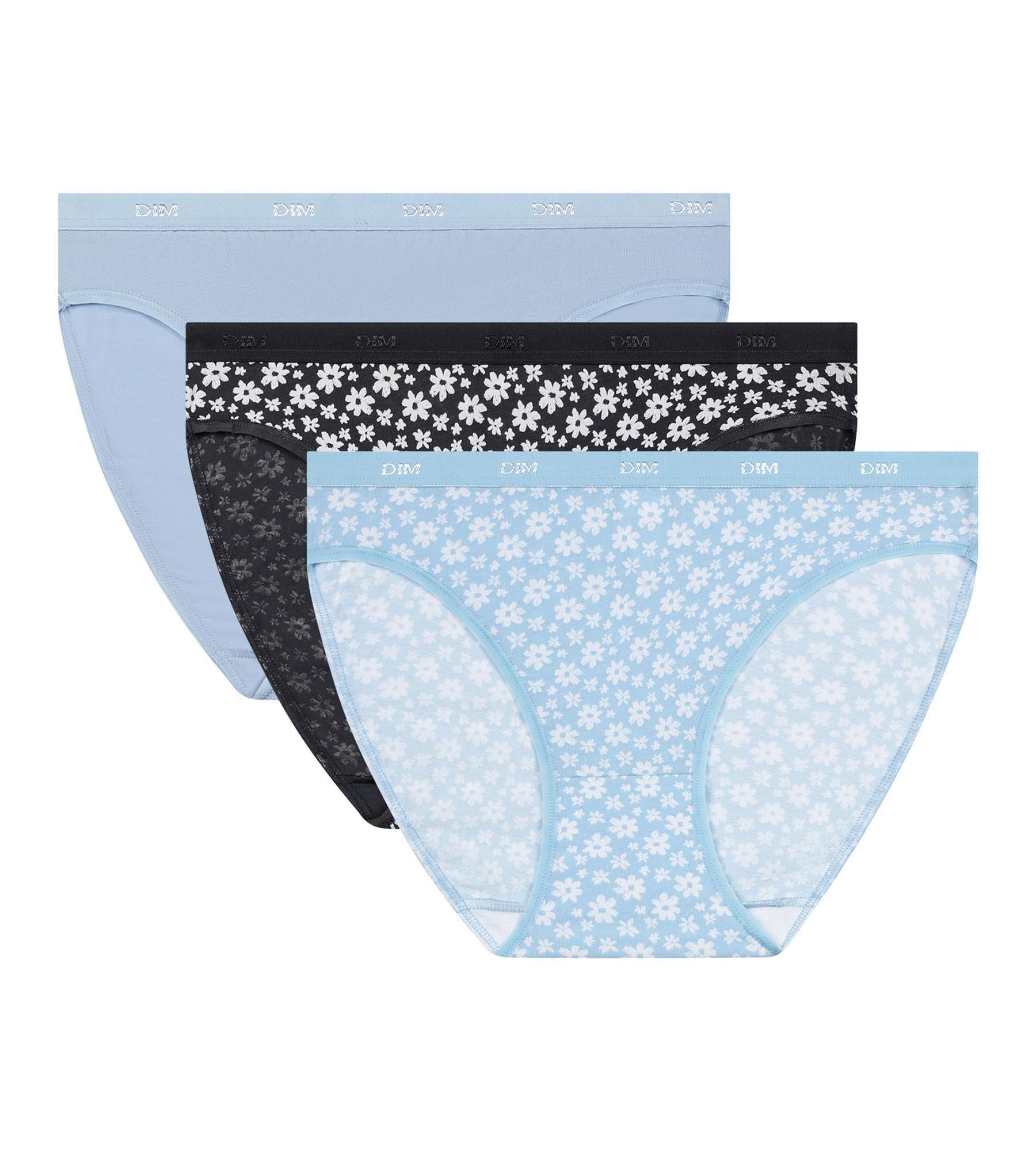 DIM Pacco da 3 Slip Donna Blu Grigio Cotone Stretch Floreale Les Pockets