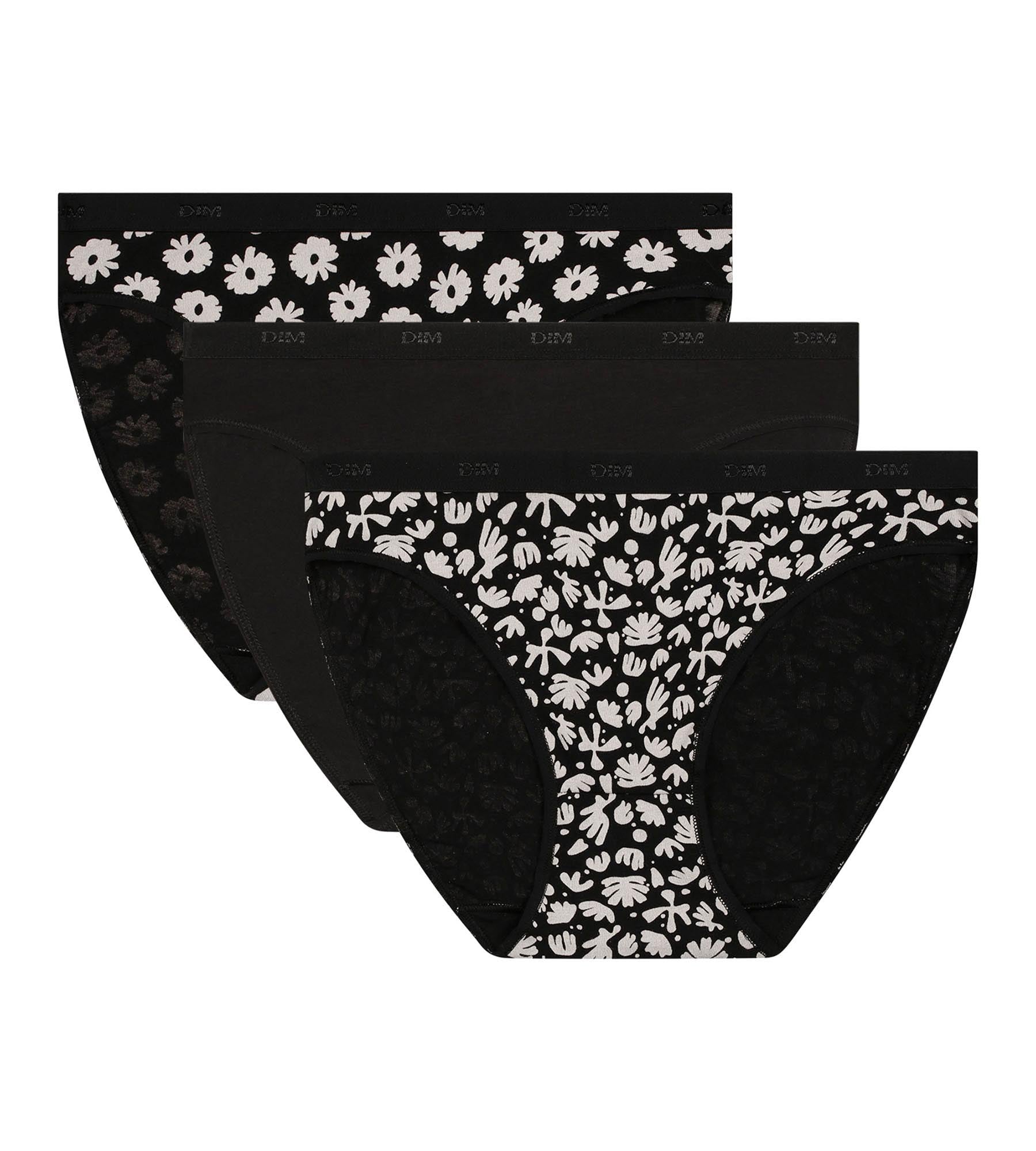DIM Les Pockets Pacco da 3 slip da donna in cotone elasticizzato nero floreale
