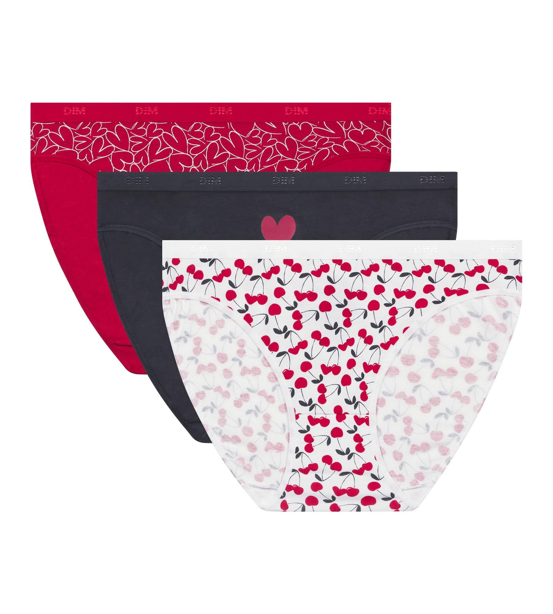 DIM Les Pockets - Pacco da 3 slip donna in cotone elasticizzato rosso con stampa a cuore
