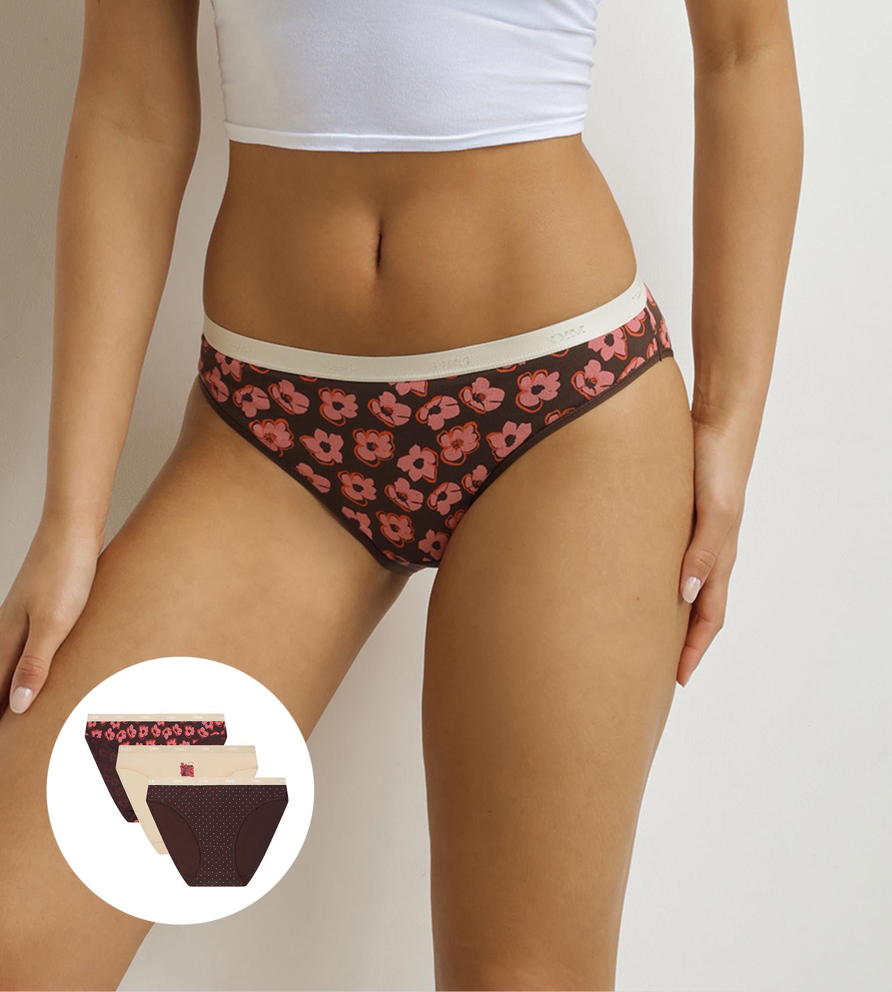 DIM Pacco da 3 slip da donna Les Pockets con motivi bohémien in rosa e marrone.
