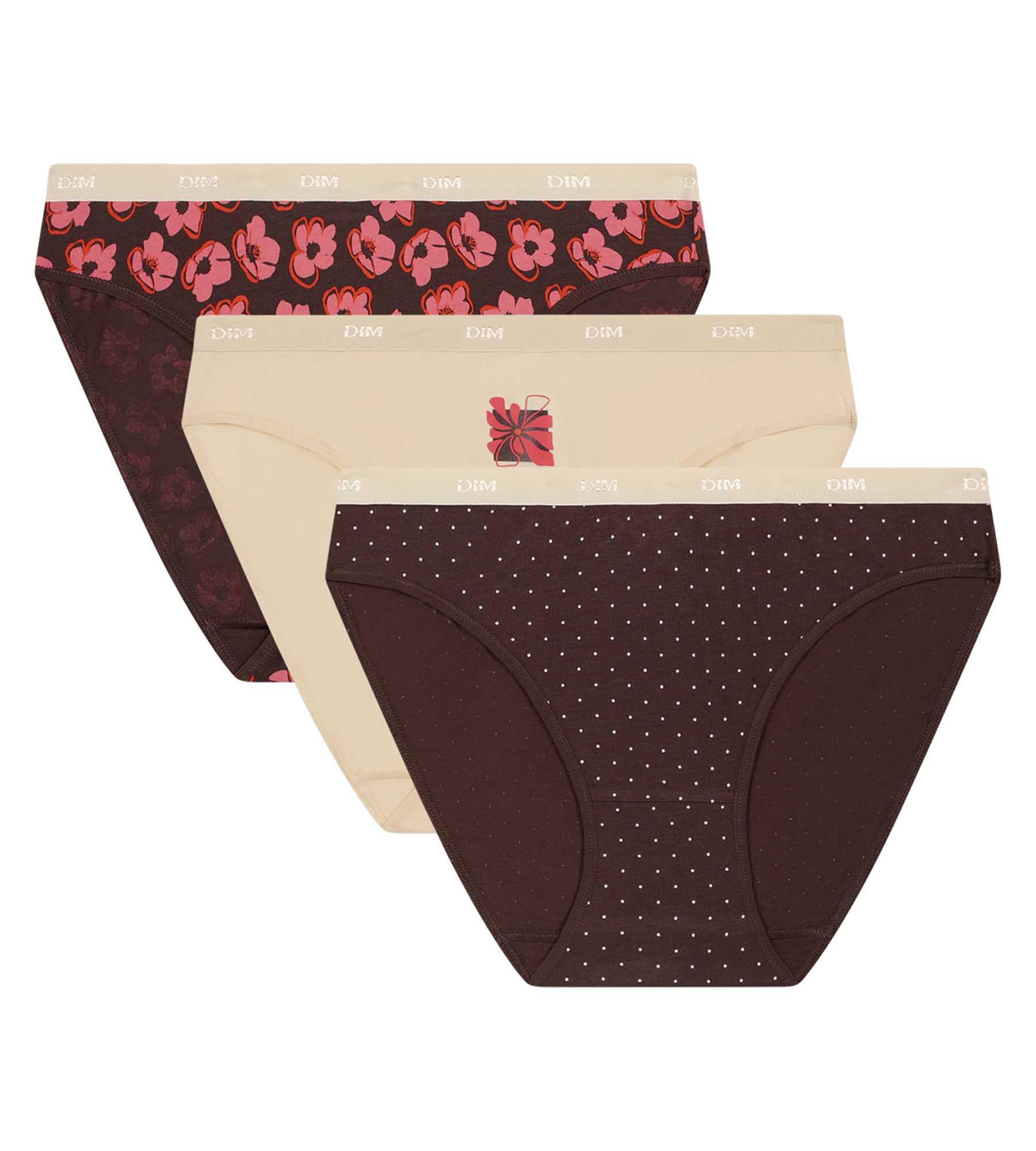 DIM Pacco da 3 slip da donna Les Pockets con motivi bohémien in rosa e marrone.