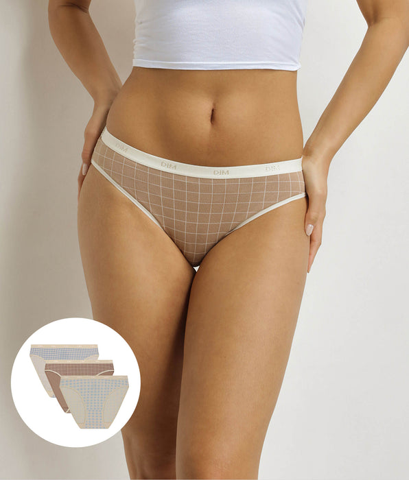 DIM Pacco da 3 slip da donna con motivo a percalle Ecrù Blu Beige Les Pockets