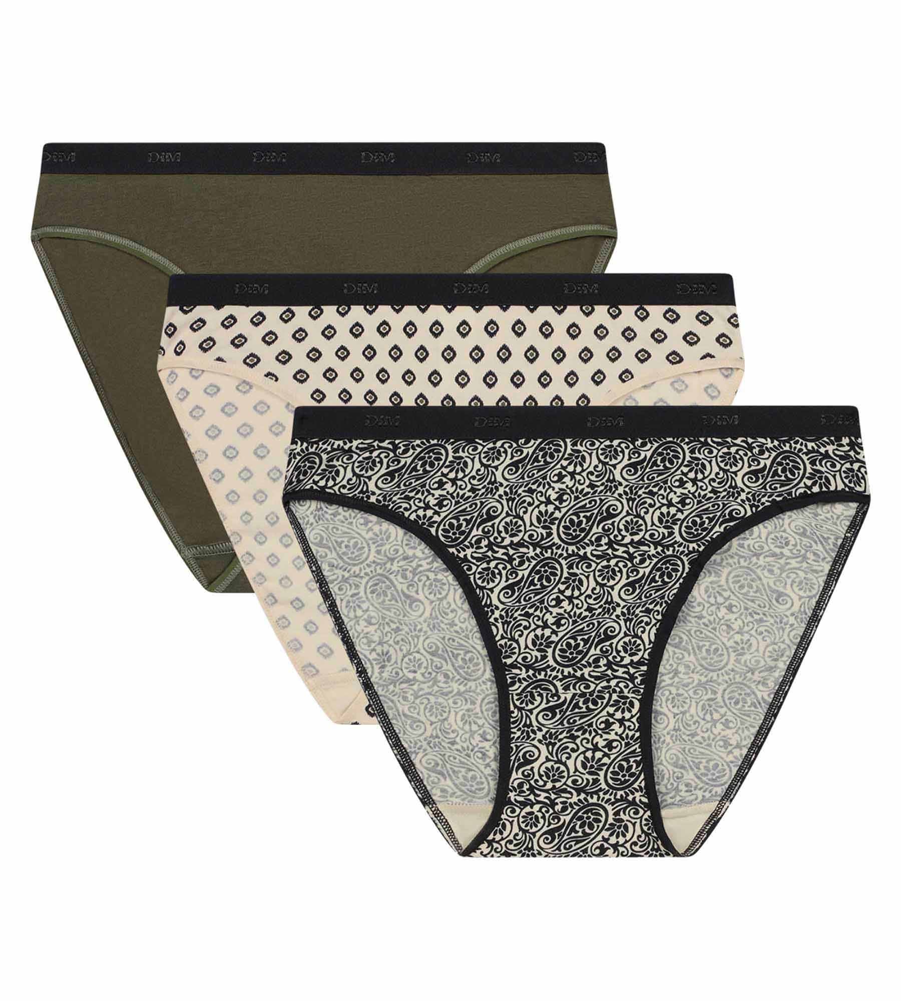 DIM Pacco da 3 slip da donna con motivi etnici color kaki e nero di Les Pockets.