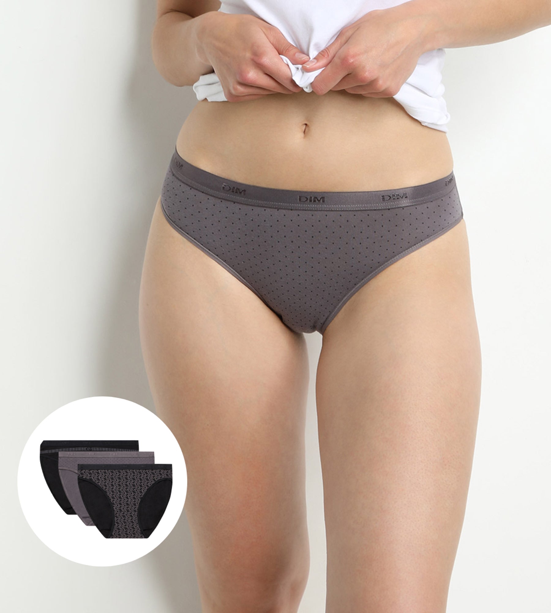 DIM Slip donna in cotone stampato nero e grigio Les Pockets Pacco da 3 pezzi