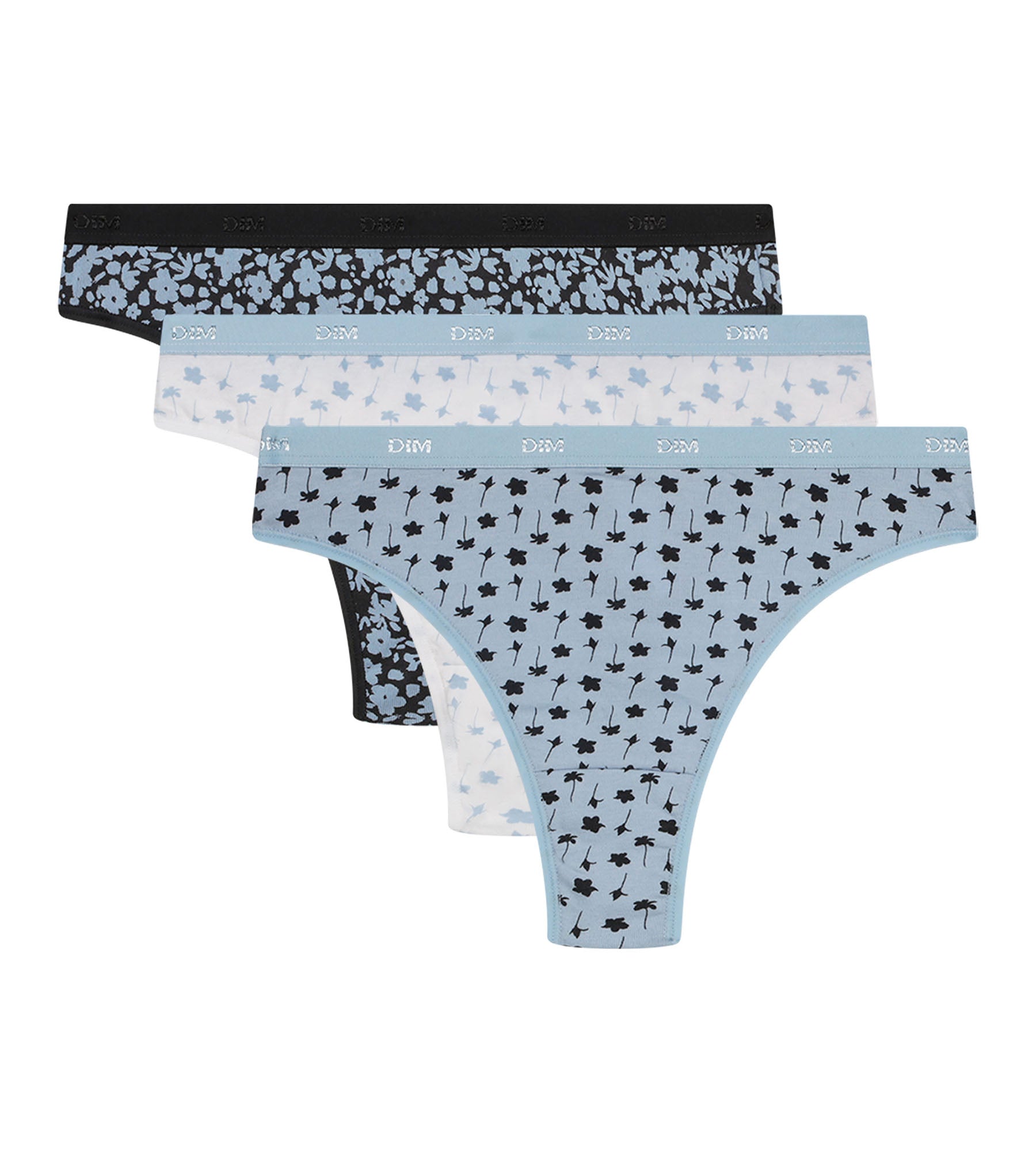 DIM Pacco da 3 perizomi in cotone elasticizzato blu grigio floreale per donna Les Pockets