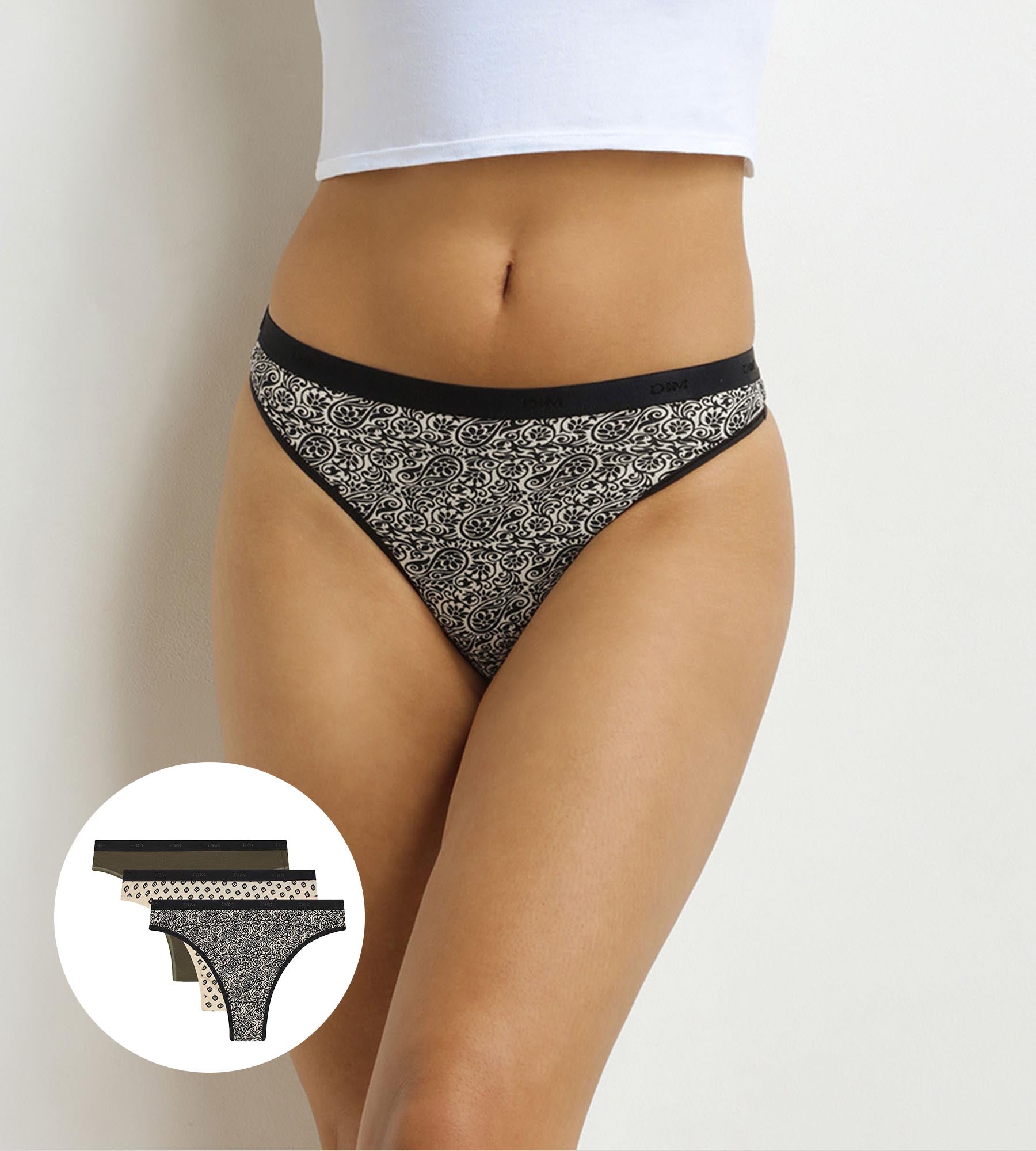 DIM Pacco da 3 perizomi da donna con motivi etnici color kaki e nero di Les Pockets.