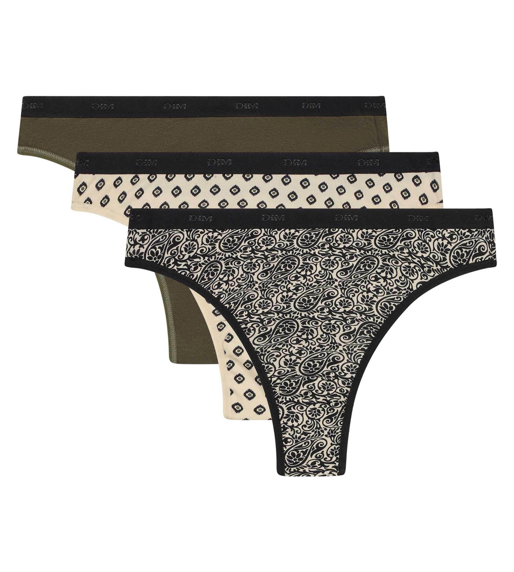 DIM Pacco da 3 perizomi da donna con motivi etnici color kaki e nero di Les Pockets.