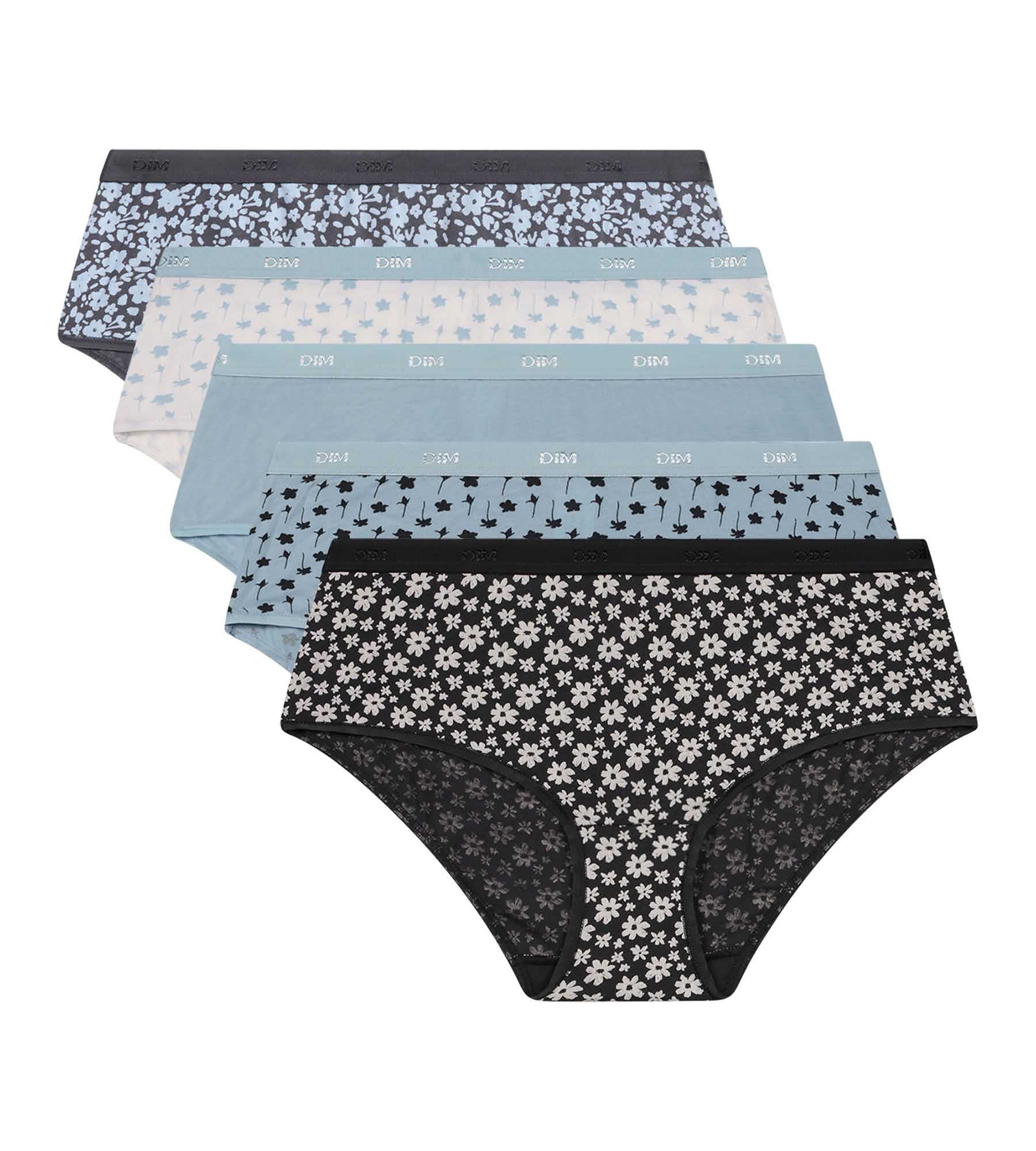 DIM Pacco da 5 shorty da donna in cotone elasticizzato blu grigio floreale Les Pockets